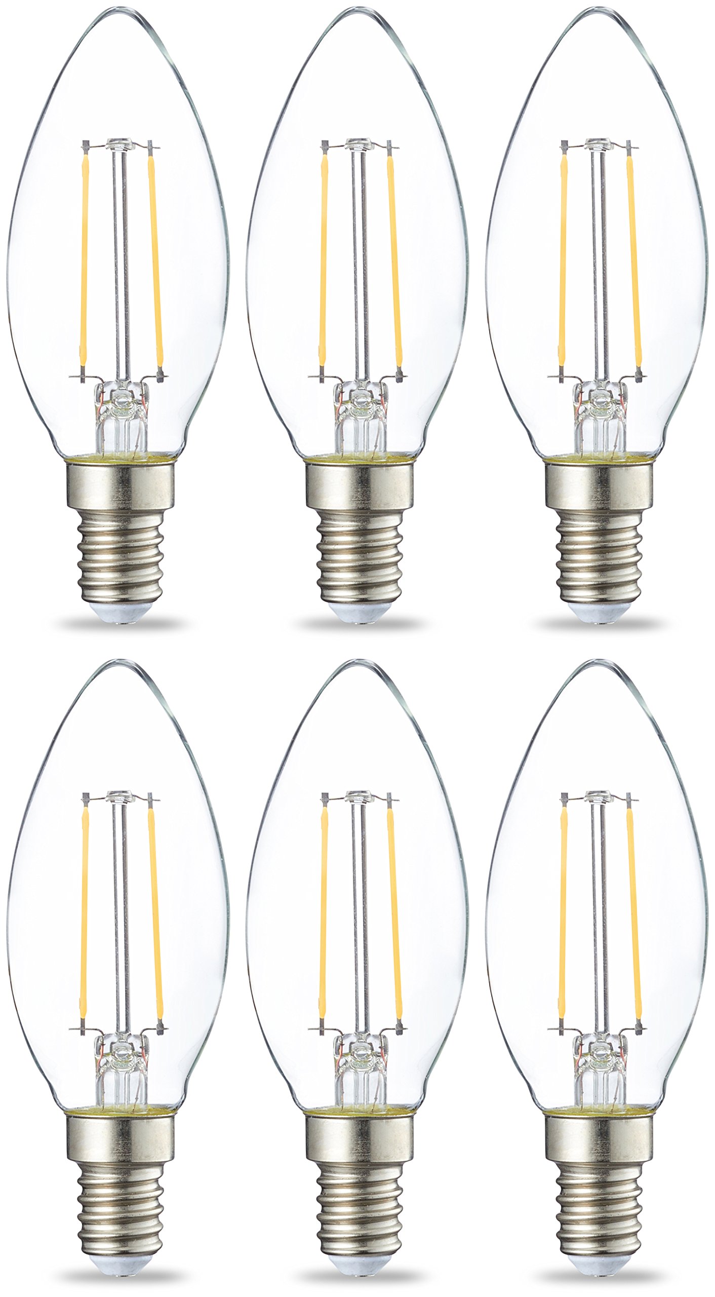 AmazonBasics LED E14 Small Edison Screw Candle Bulb, 2.1W (Equivalent to 25W), Clear Filament- Pack of 6
