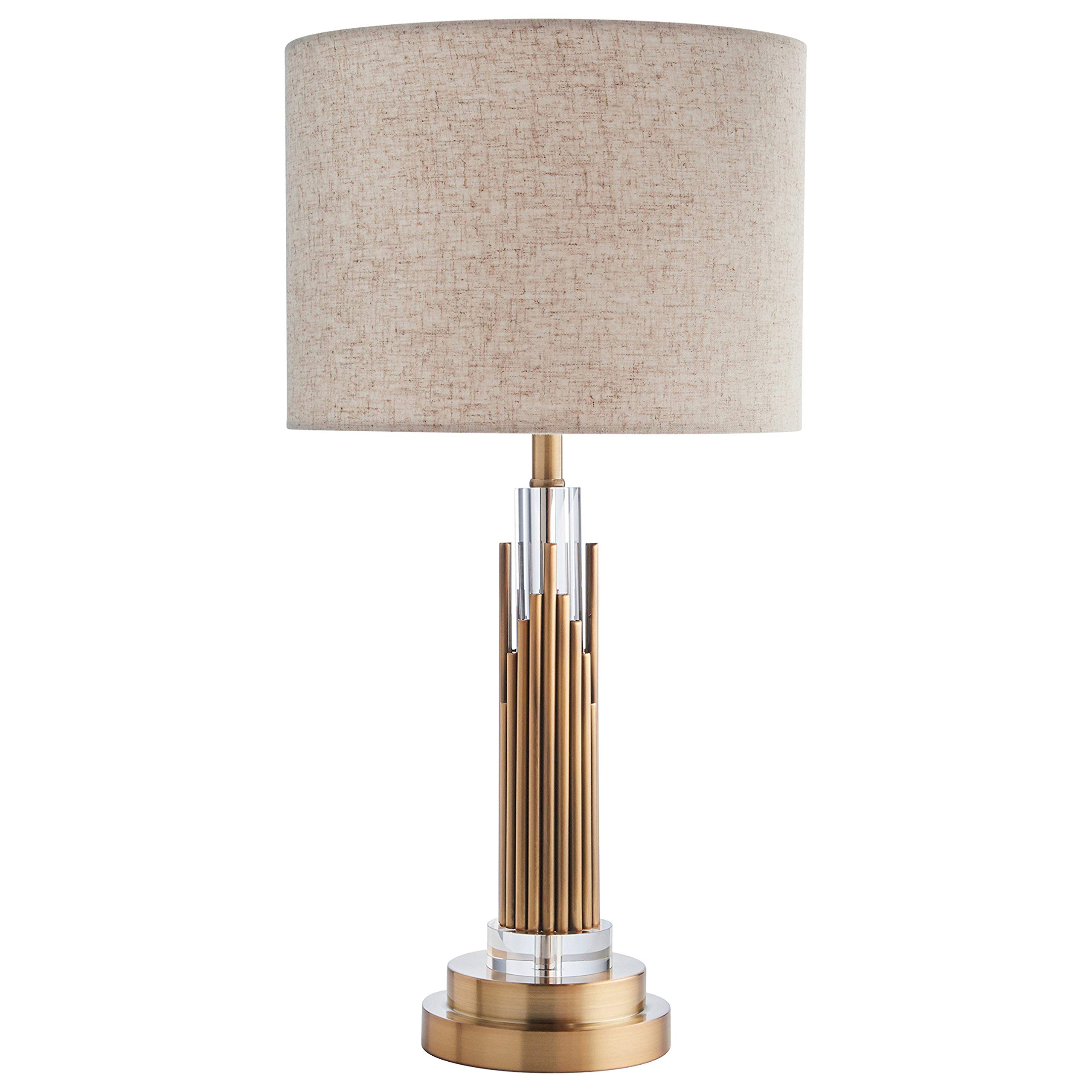 Amazon Brand – Stone & Beam Modern Art Deco Living Room Table Desk Lamp With Light Bulb - 6 x 6 x 24 Inches, Brass with Linen Shade