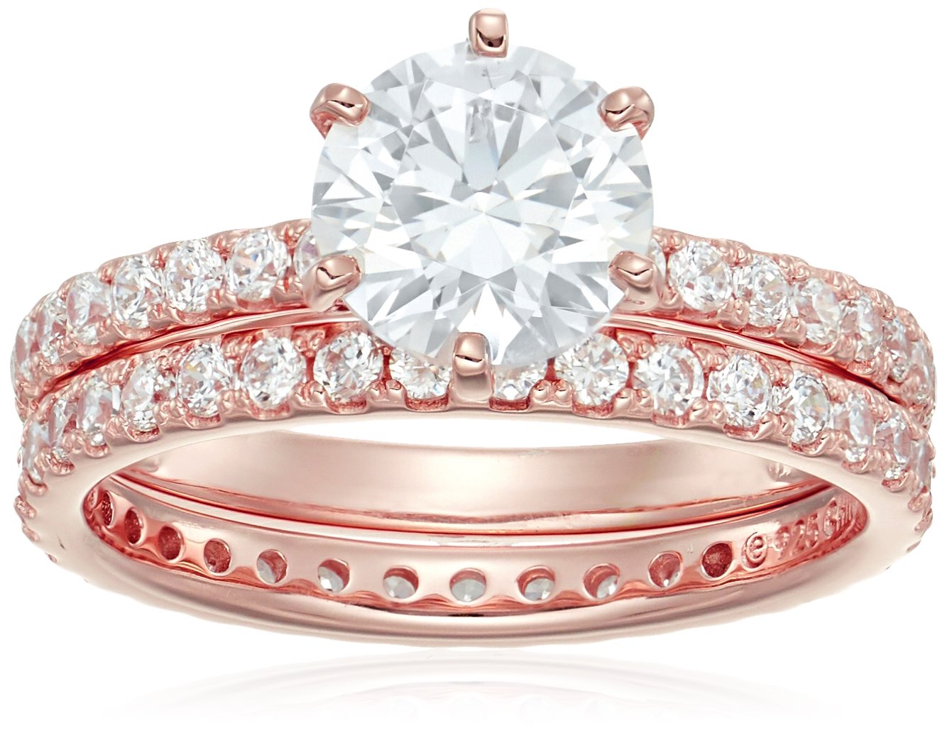 Rose-Gold Plated Sterling Silver Round Ring Set made with Swarovski Zirconia (1 Carat Center Stone), Size 8