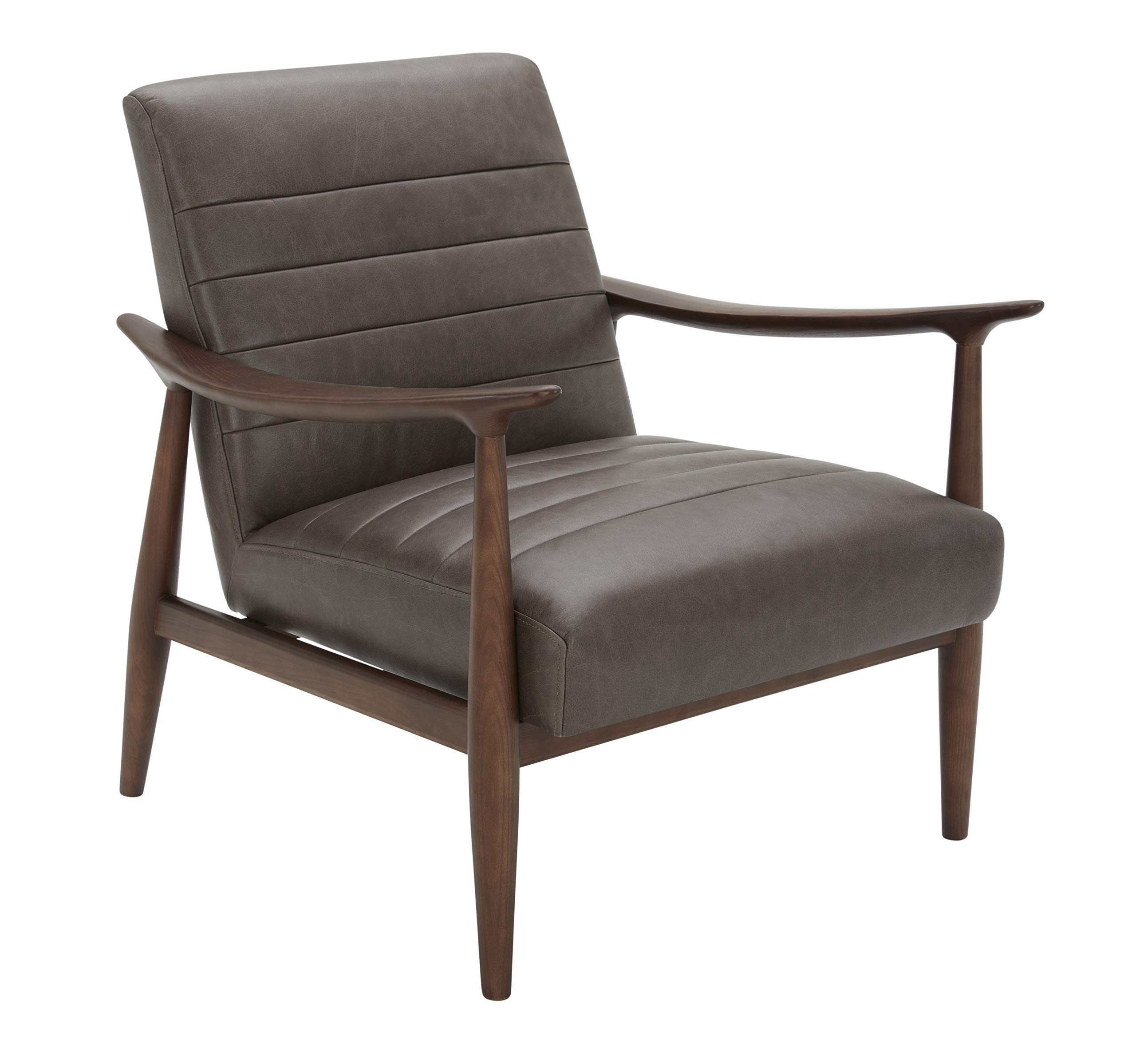 Amazon Brand – Rivet Spear Mid-Century Modern Channel Tufted Leather Accent Chair with Wood Arms, 29.1"W, Grey