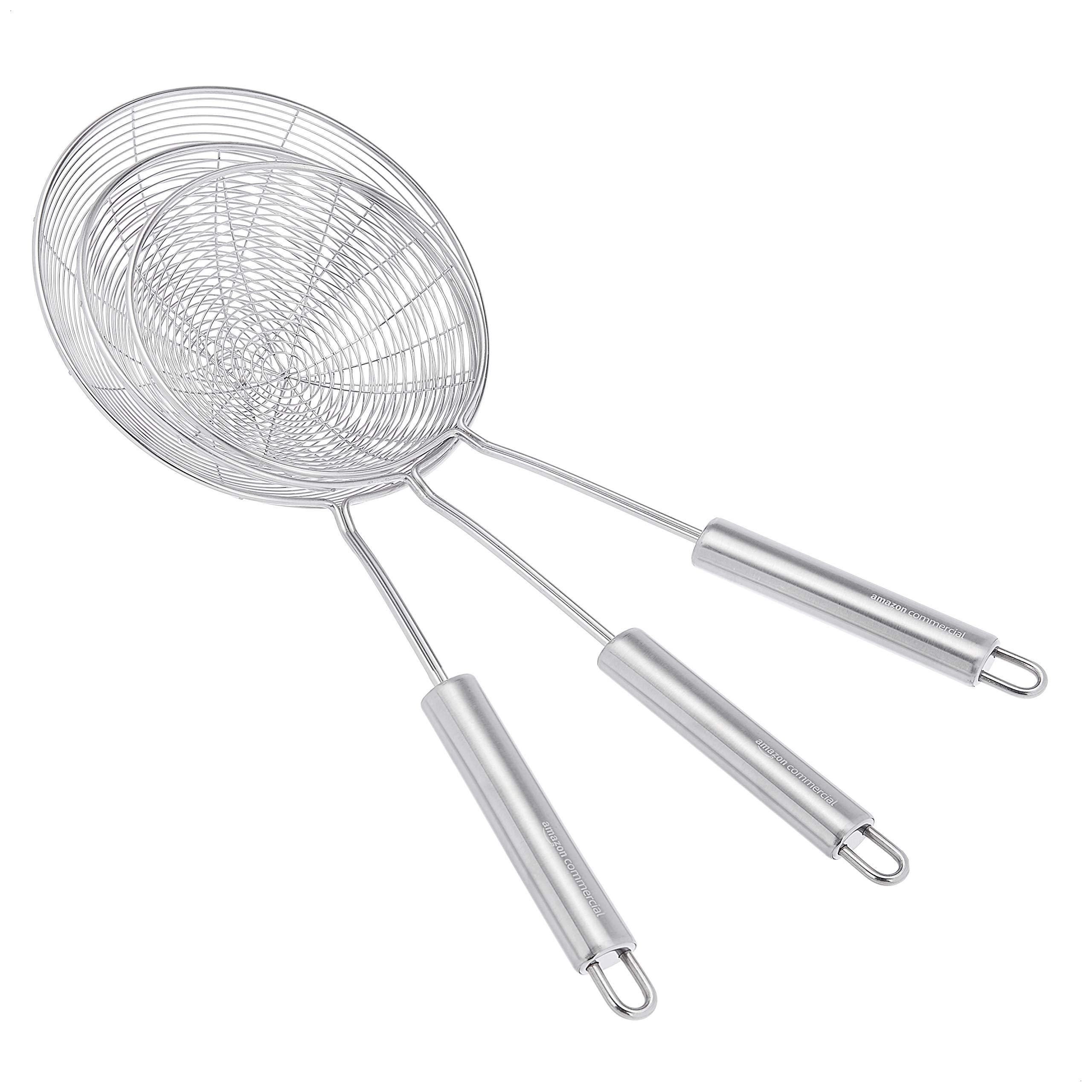 AmazonCommercial Stainless Steel 3-Piece Spider Strainer Set, Set Contains 5.3", 5.9", and 6.75" Strainer, Pack of 3