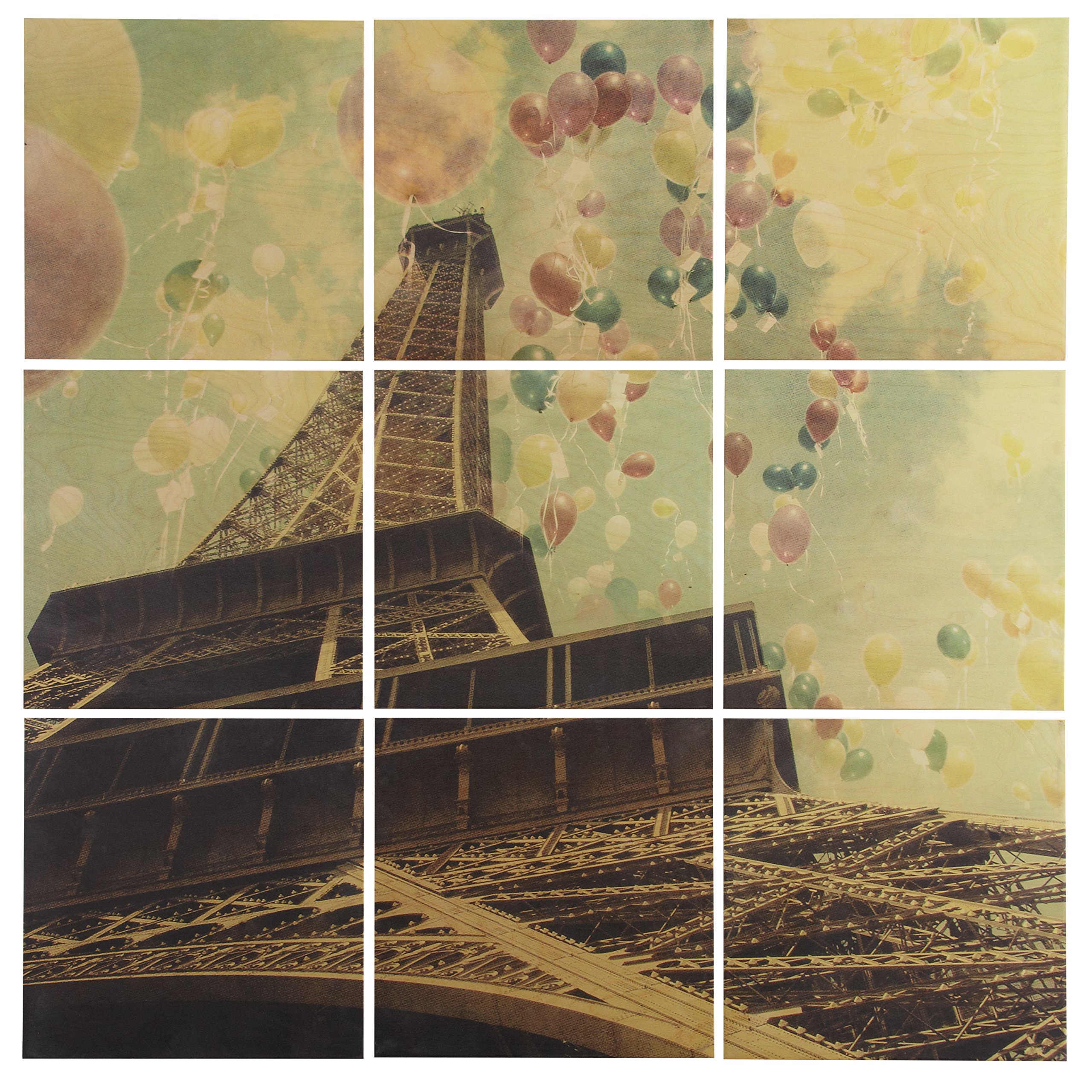 Amazon Brand – Stone & Beam Modern 9-Piece Mural of Balloons and Eiffel Tower on Wood, 60" x 60"