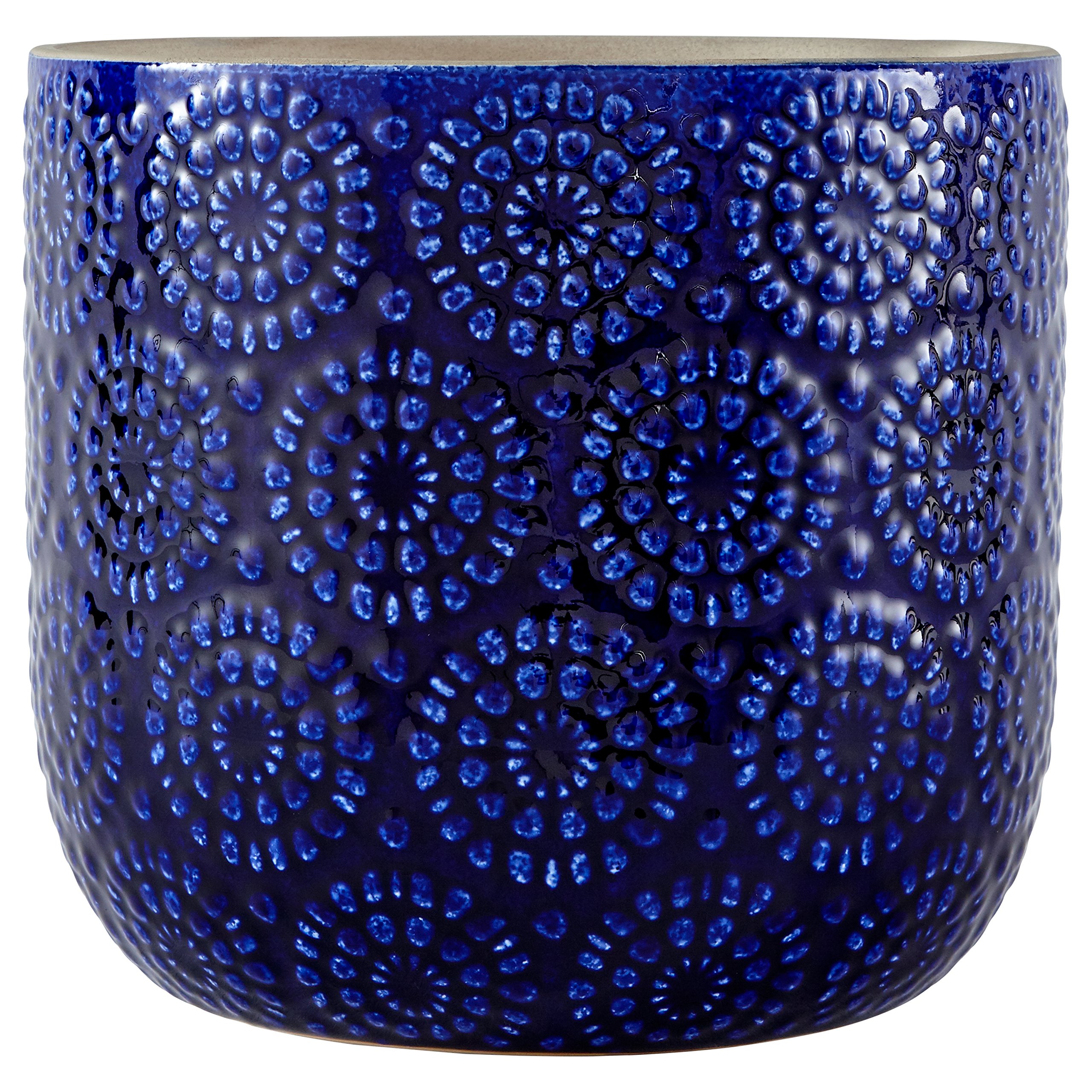 Amazon Brand – Stone & Beam Modern Ceramic Floral Embossed Decorative Planter Flower Pot, 7.4"H, Blue