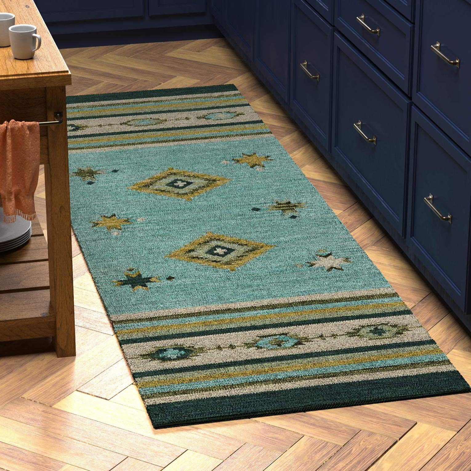 Amazon Brand – Stone & Beam Casual Geometric Kilim Cotton Runner Rug, 2' 6" x 8', Flatweave, Blue, Grey, Ivory