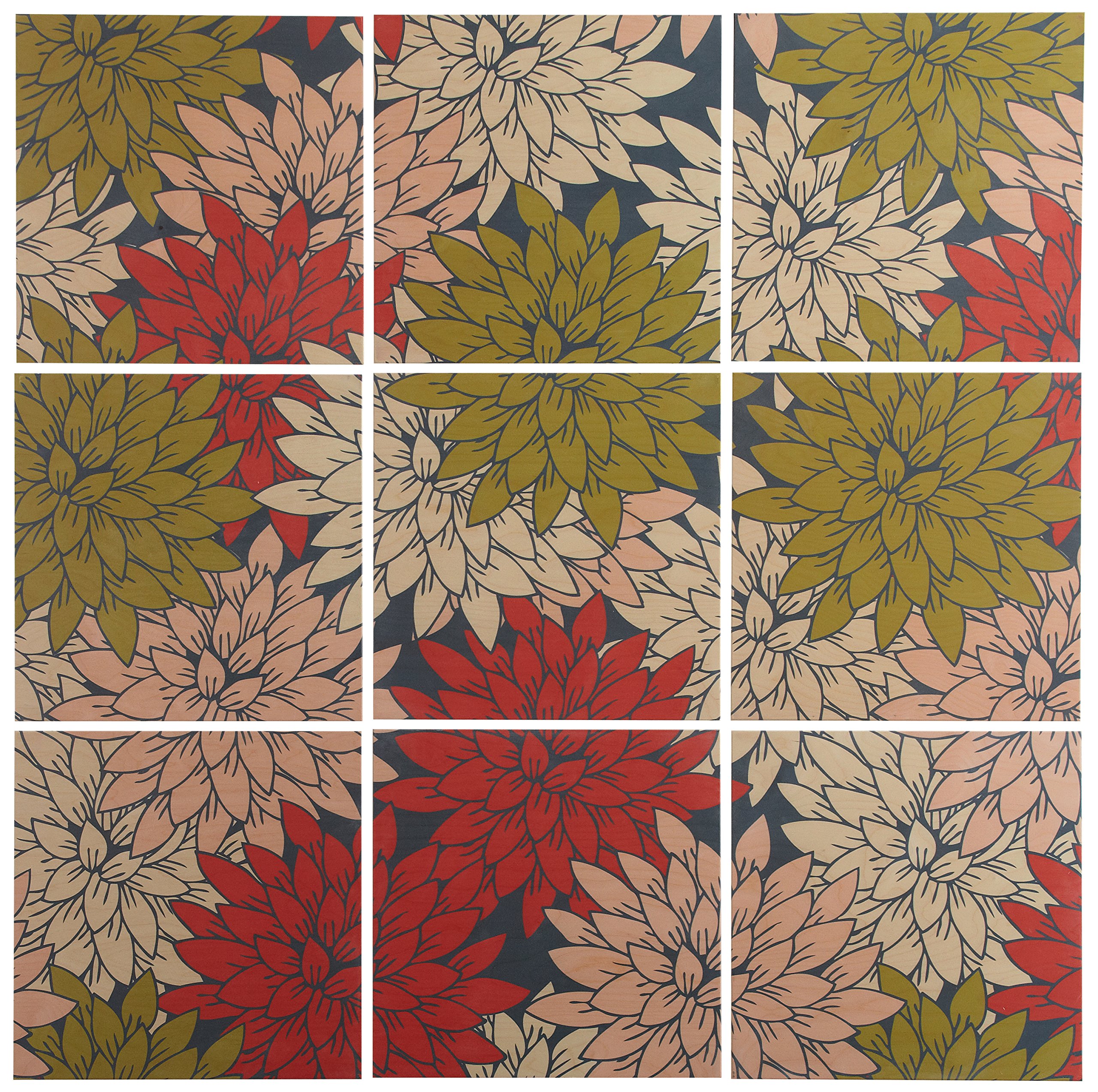Amazon Brand – Rivet 9-Piece Floral Red and Green Art Print Mural on Wood, 48" x 48"