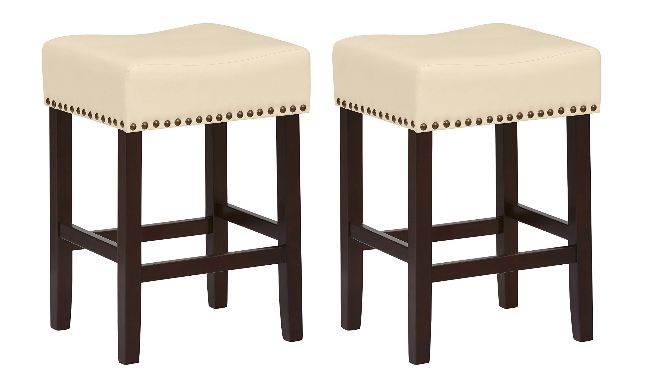 Amazon Brand – Ravenna Home Lisetta Nailhead Saddle Counter Stool, 24"H, Espresso with Cream Faux Leather (2 Pack)
