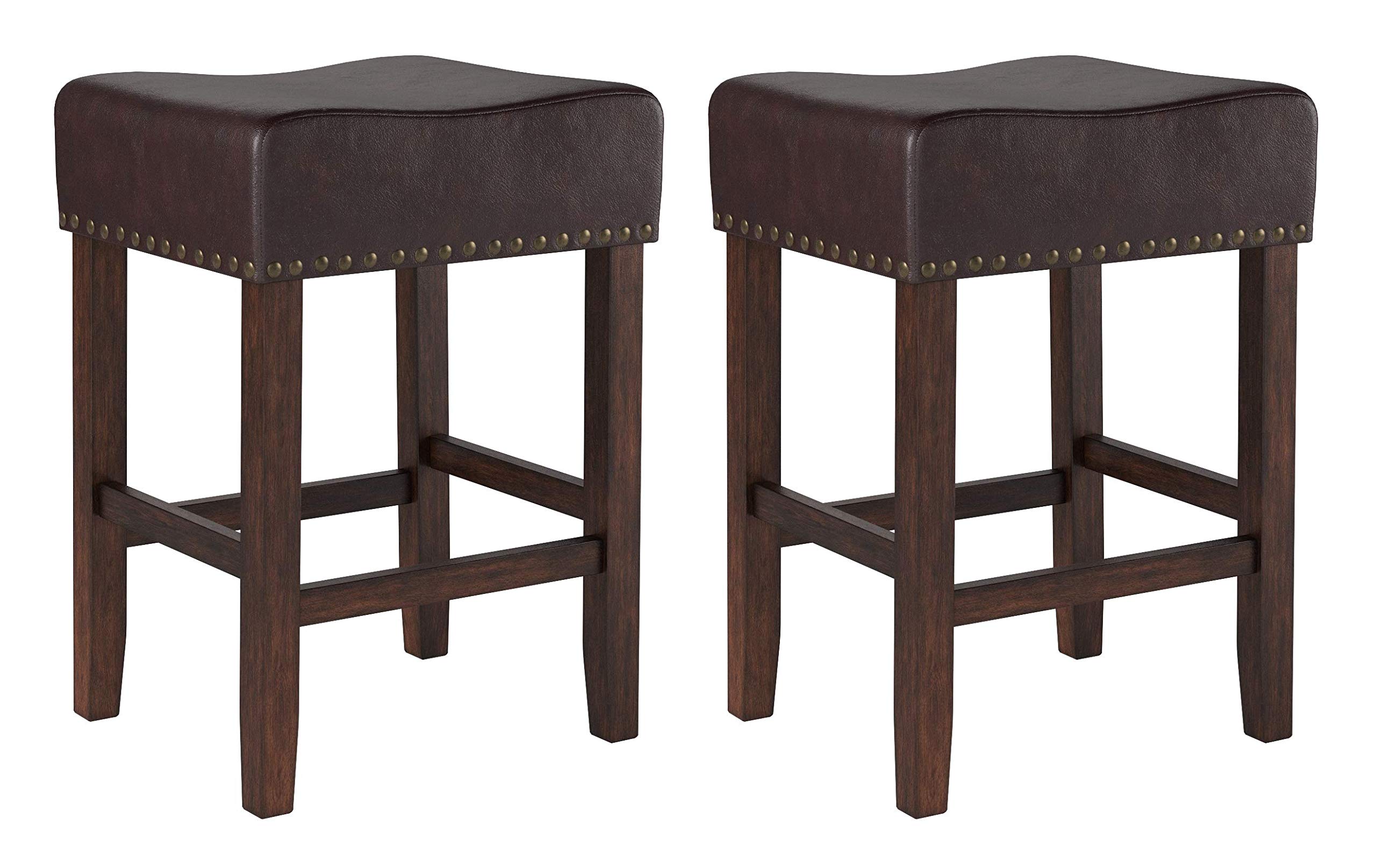 Amazon Brand – Ravenna Home Lisetta Nailedhead Saddle Counter Stool, 15.75"W, Espresso with Dark Brown Faux Leather (2 Pack)