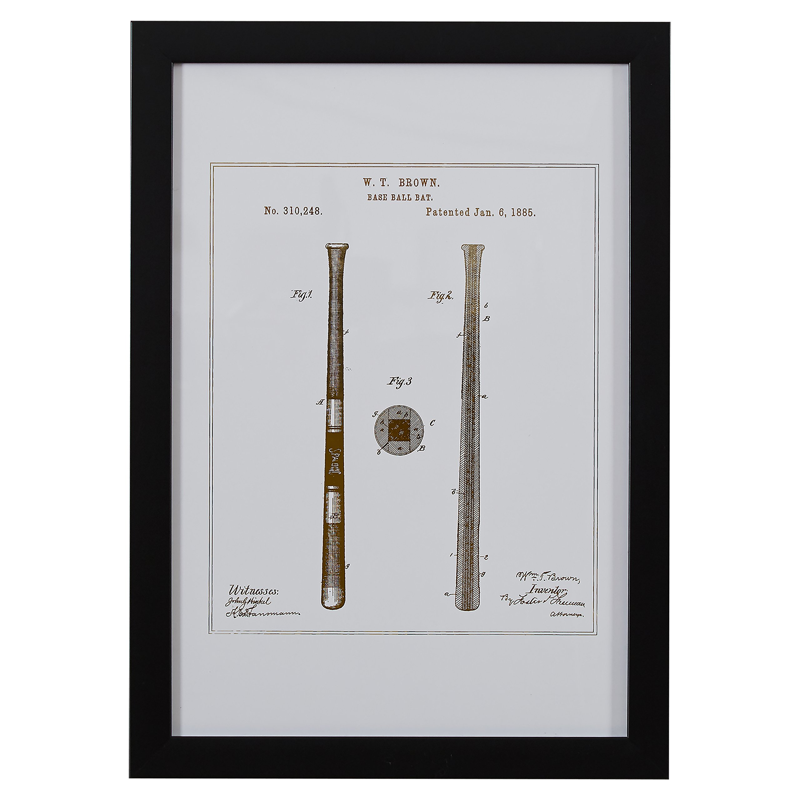 Amazon Brand – Stone & Beam Modern Gold Print of 1885 Baseball Bat Patent, White Frame, 15" x 21"