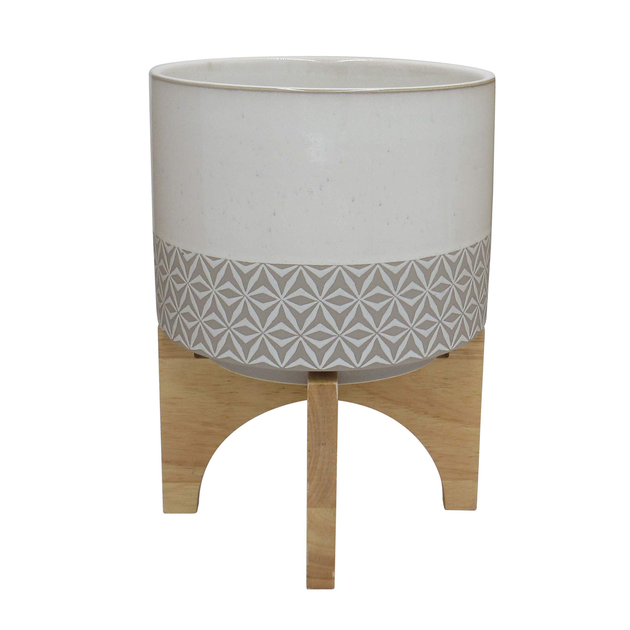 Amazon Brand – Rivet Mid-Century Stoneware Planter with Wood Stand, 13.98"H, Gray and Beige