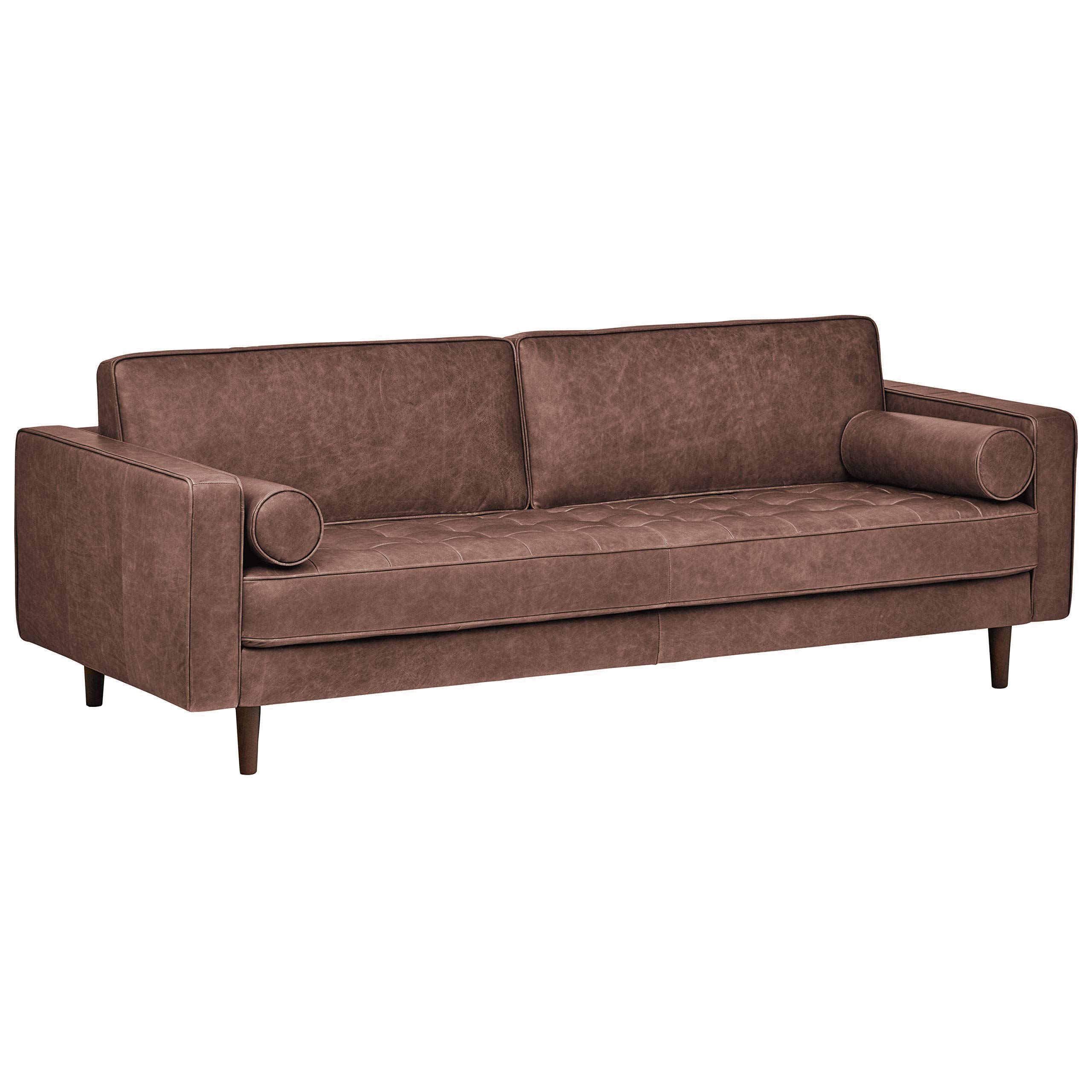 Amazon Brand – Rivet Aiden Mid-Century Leather Sofa with Tapered Wood Legs, 87"W, Dark Brown