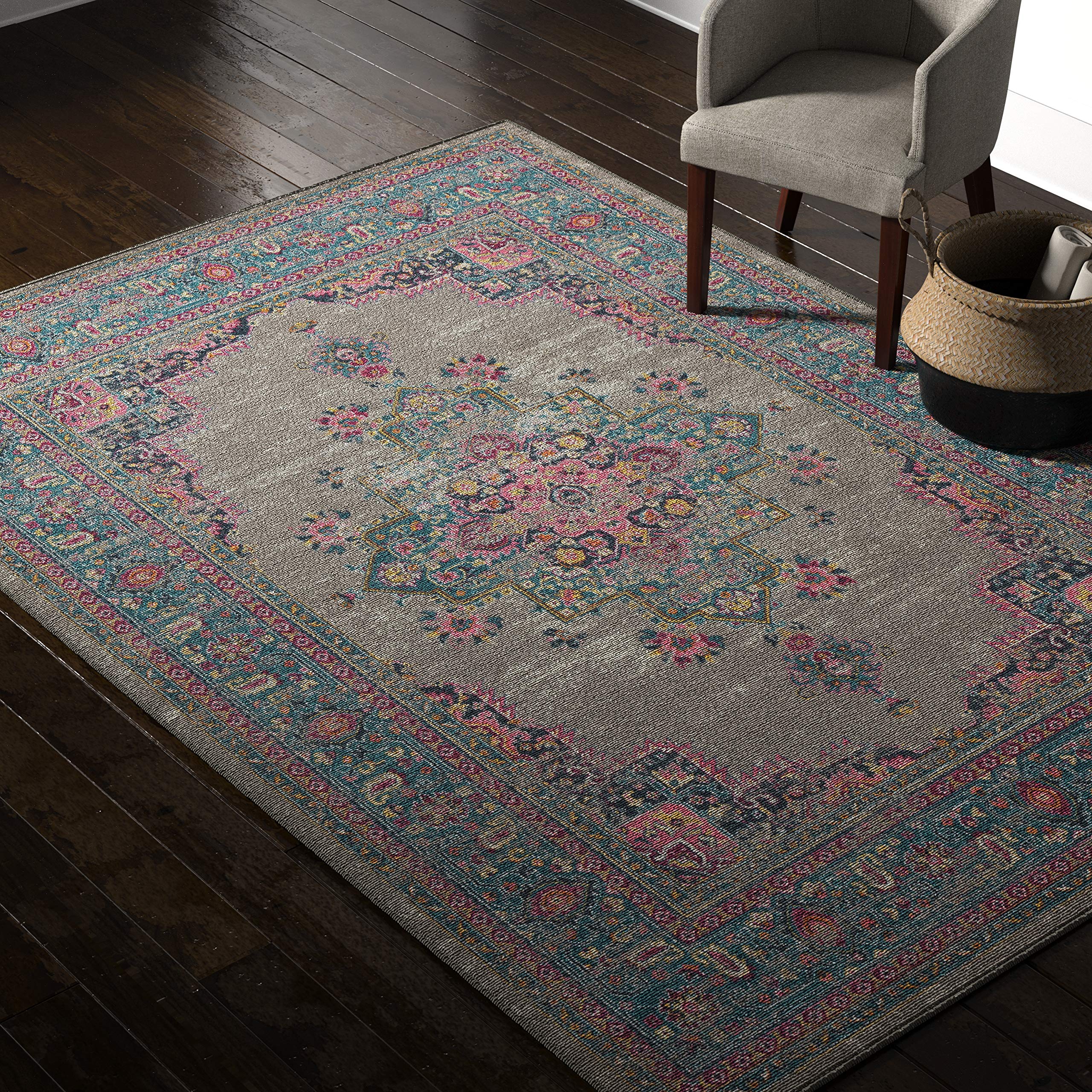 Amazon Brand – Rivet Old World Vintage Persian Area Rug, 6' 7" x 9' 6", Grey and Pink