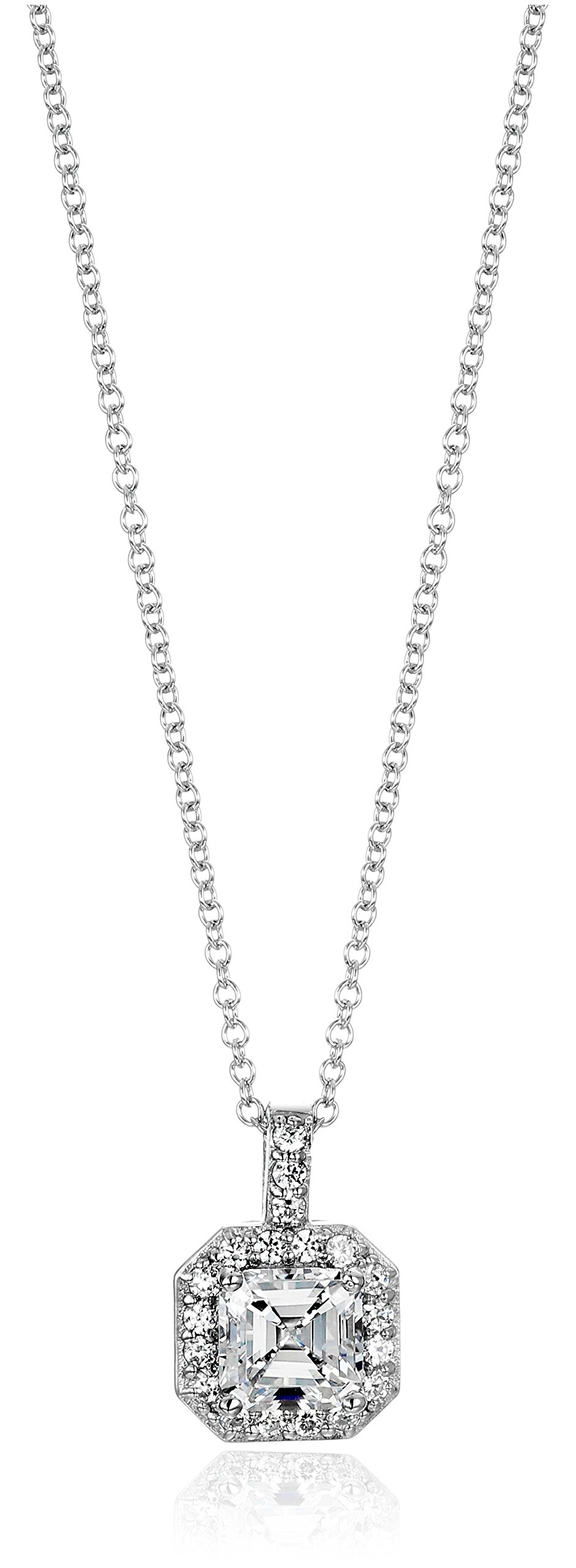 Platinum-Plated Sterling Silver Asscher-Cut Swarovski Zirconia Halo Pendant (1.5 cttw), 16" + 2" Extender