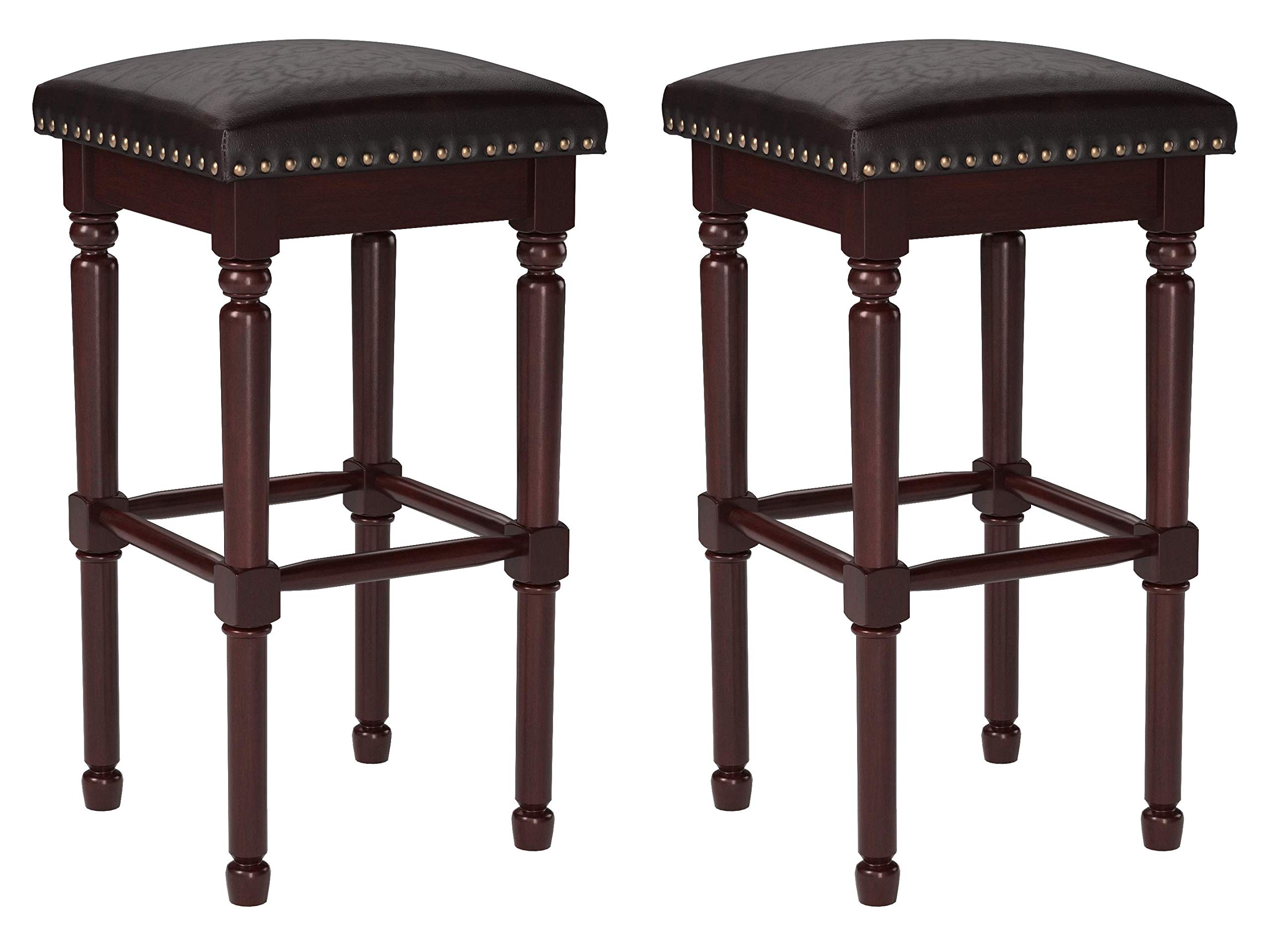 Amazon Brand – Ravenna Home Ferris Nailhead Detailed Wood Bar Stool, 29.3"H, Antique Walnut with Dark Brown Faux Leather (2 Pack)