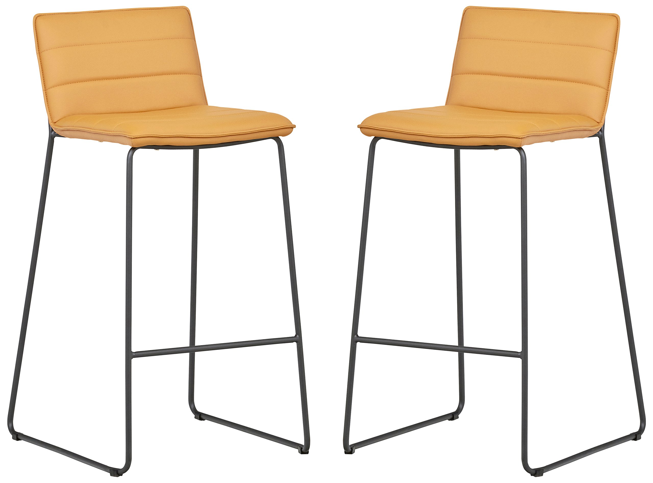 Amazon Brand – Rivet Julian Minimalist Modern Tufted Kitchen Bar Height Stools, Set of 2, 37.8 Inch Height, Synthetic Leather, Autumn Yellow