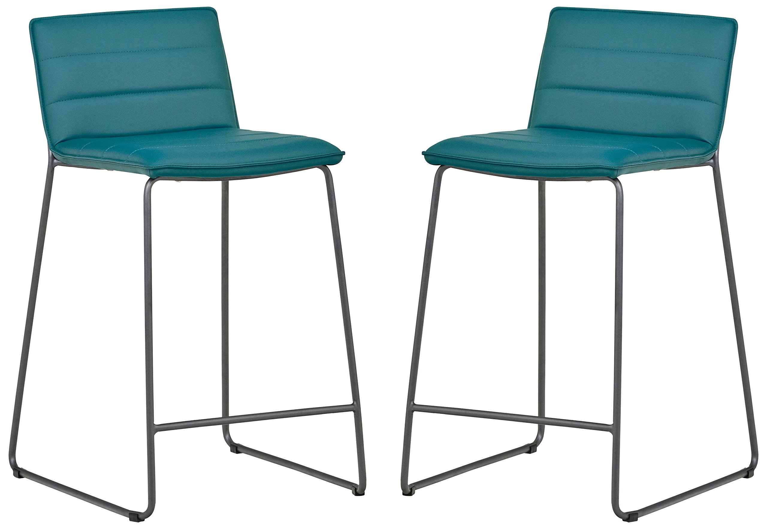 Amazon Brand – Rivet Julian Minimalist Modern Tufted Dining Room Counter Height Bar Stools, Set of 2, 34.3 Inch Height, Synthetic Leather, Aqua Blue