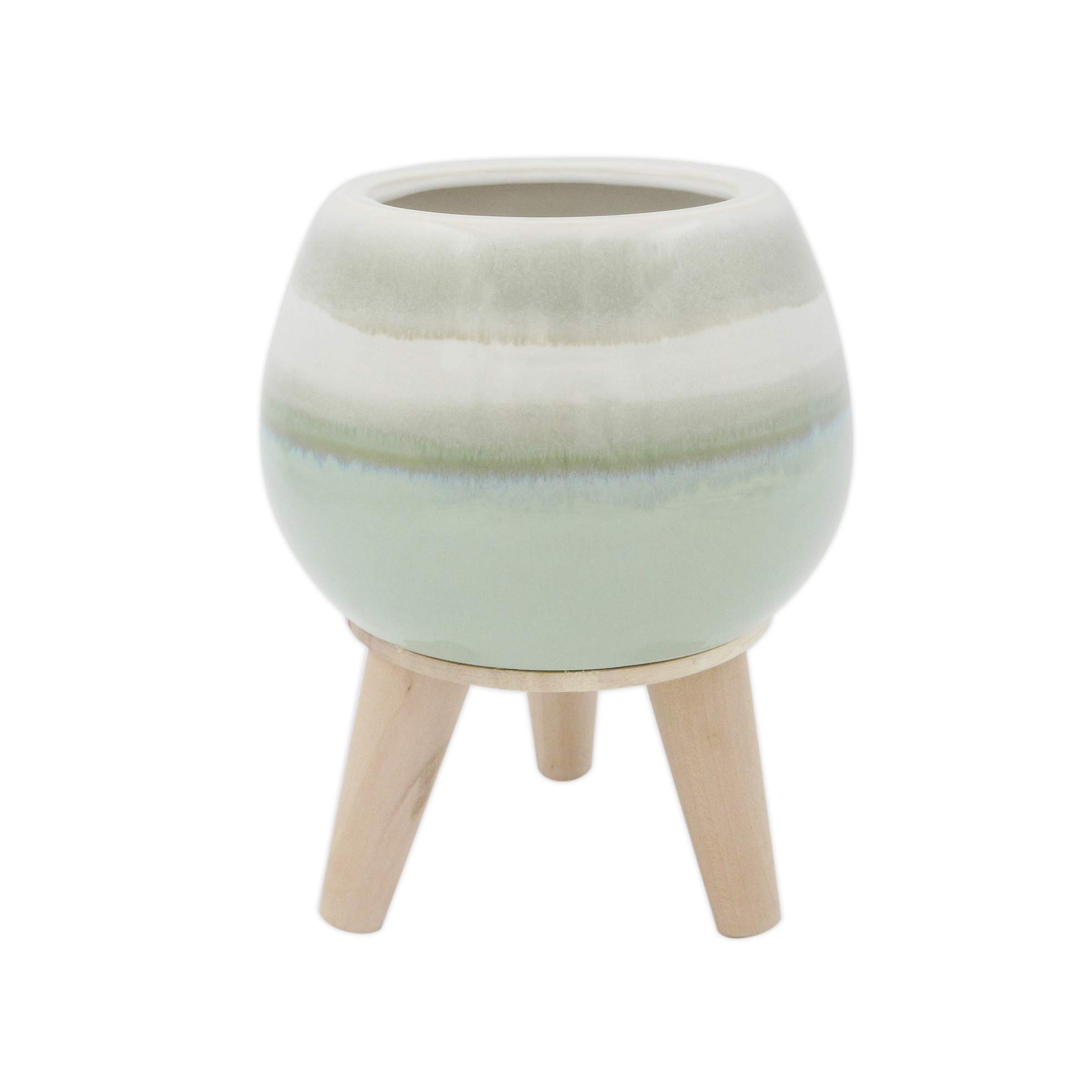 Amazon Brand – Rivet Mid-Century Stoneware Planter with Wood Stand, 8.27"H, Light Green Ombre