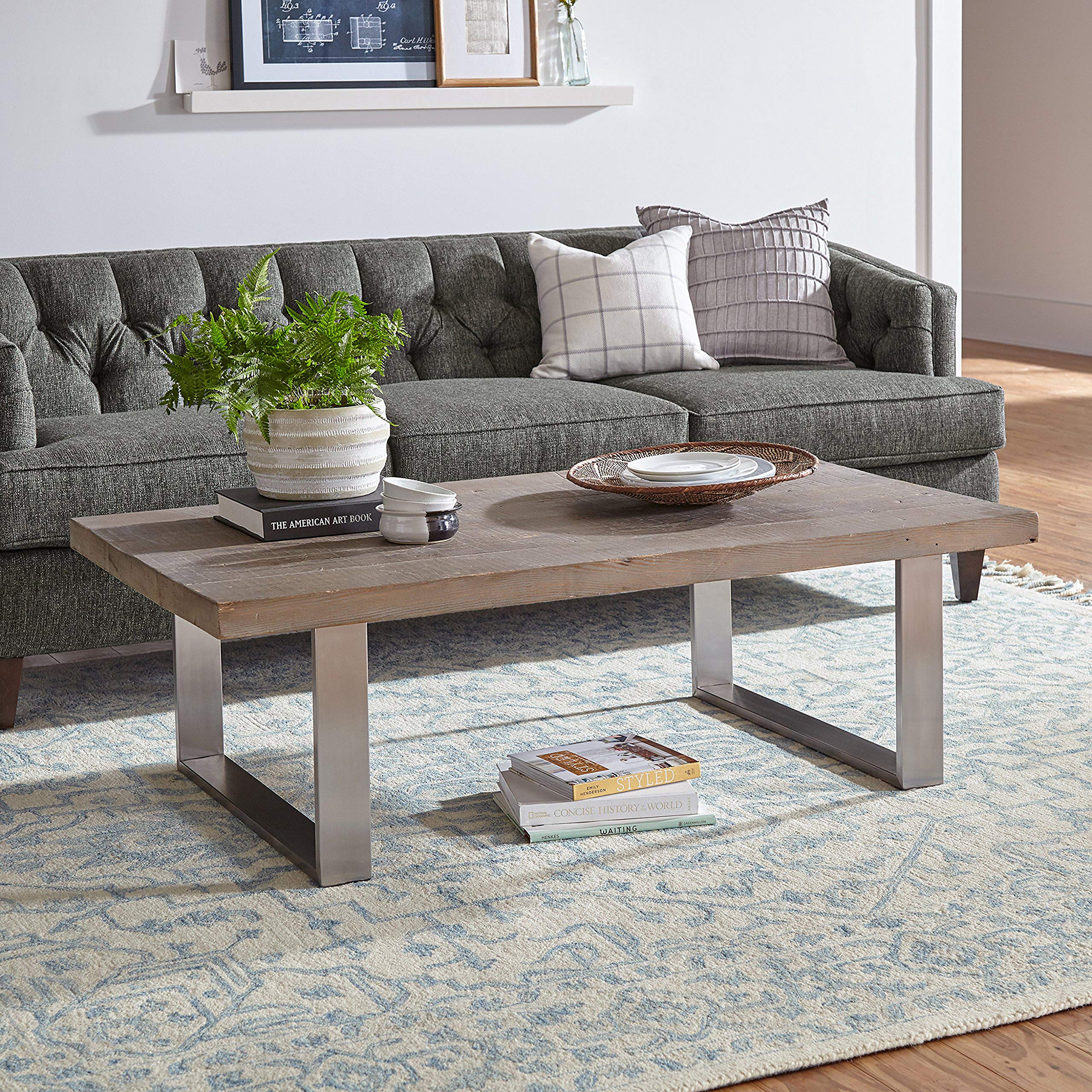 Amazon Brand – Stone & Beam New England Tassled Wool Farmhouse Area Rug, 8 x 10 Foot, Blue and Cream