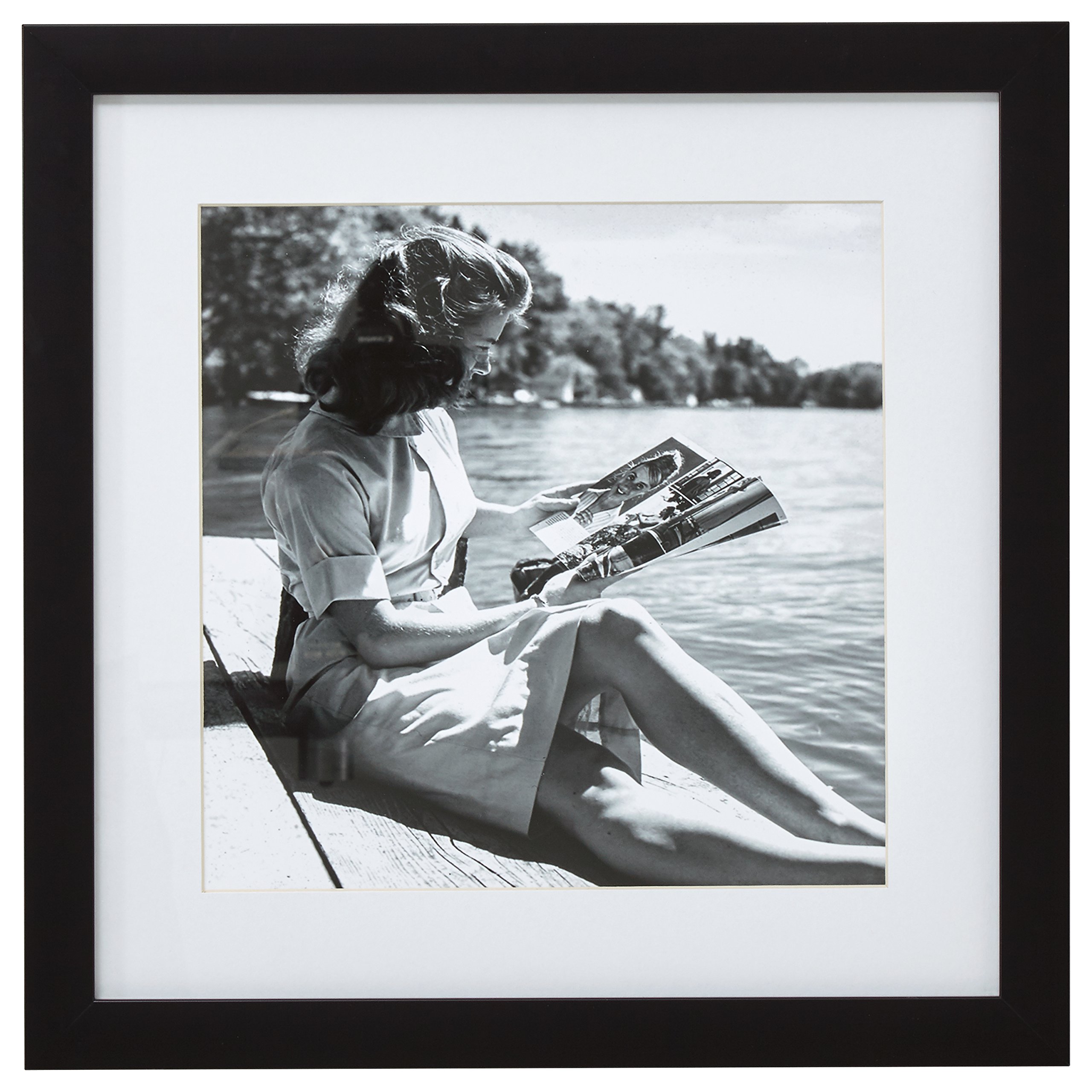 Amazon Brand – Stone & Beam Black and White Reading by the Water Photo Wall Art Decor - 18" x 18" Picture Frame, Black