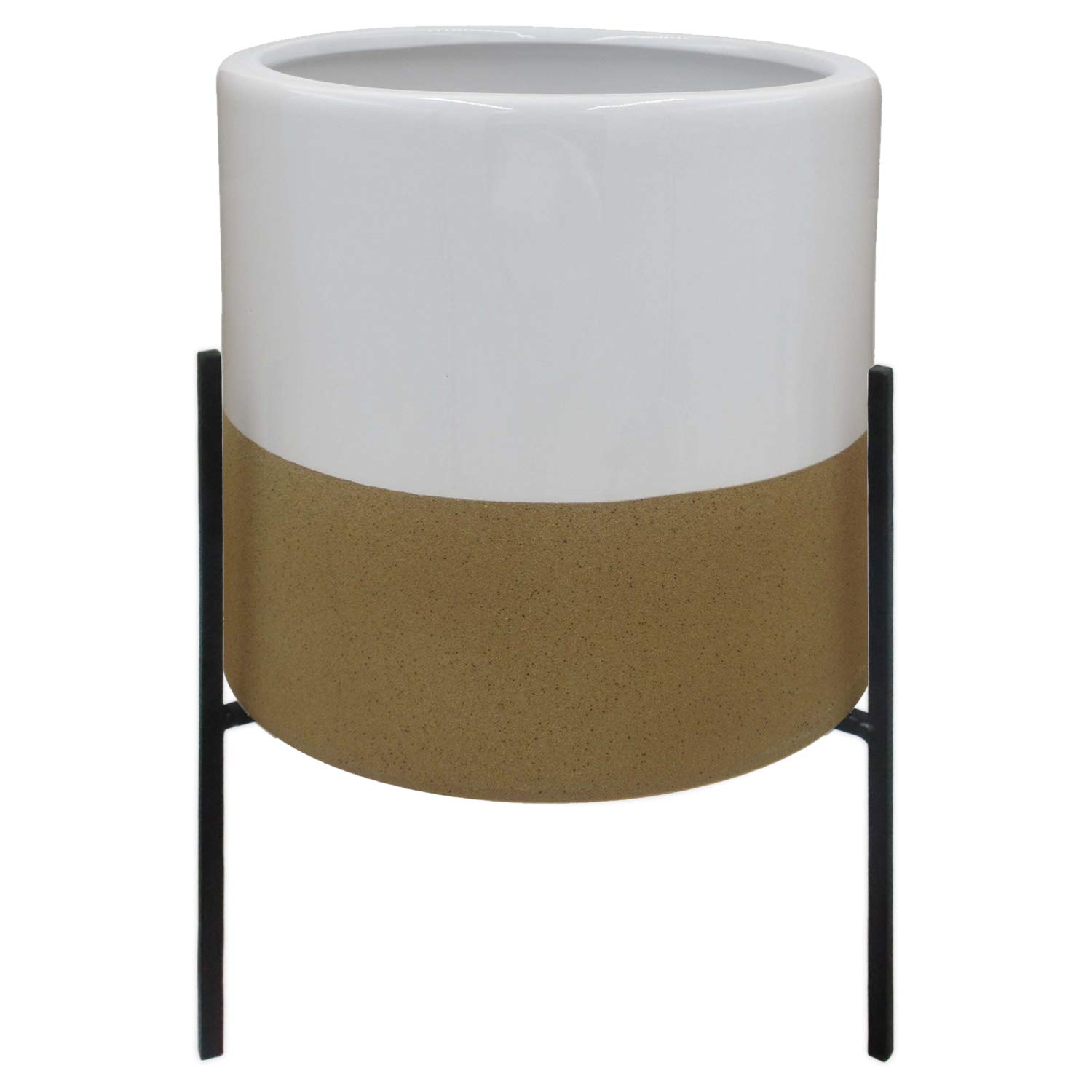 Amazon Brand – Rivet Mid-Century Ceramic Planter with Iron Stand, 17"H, White and Tan