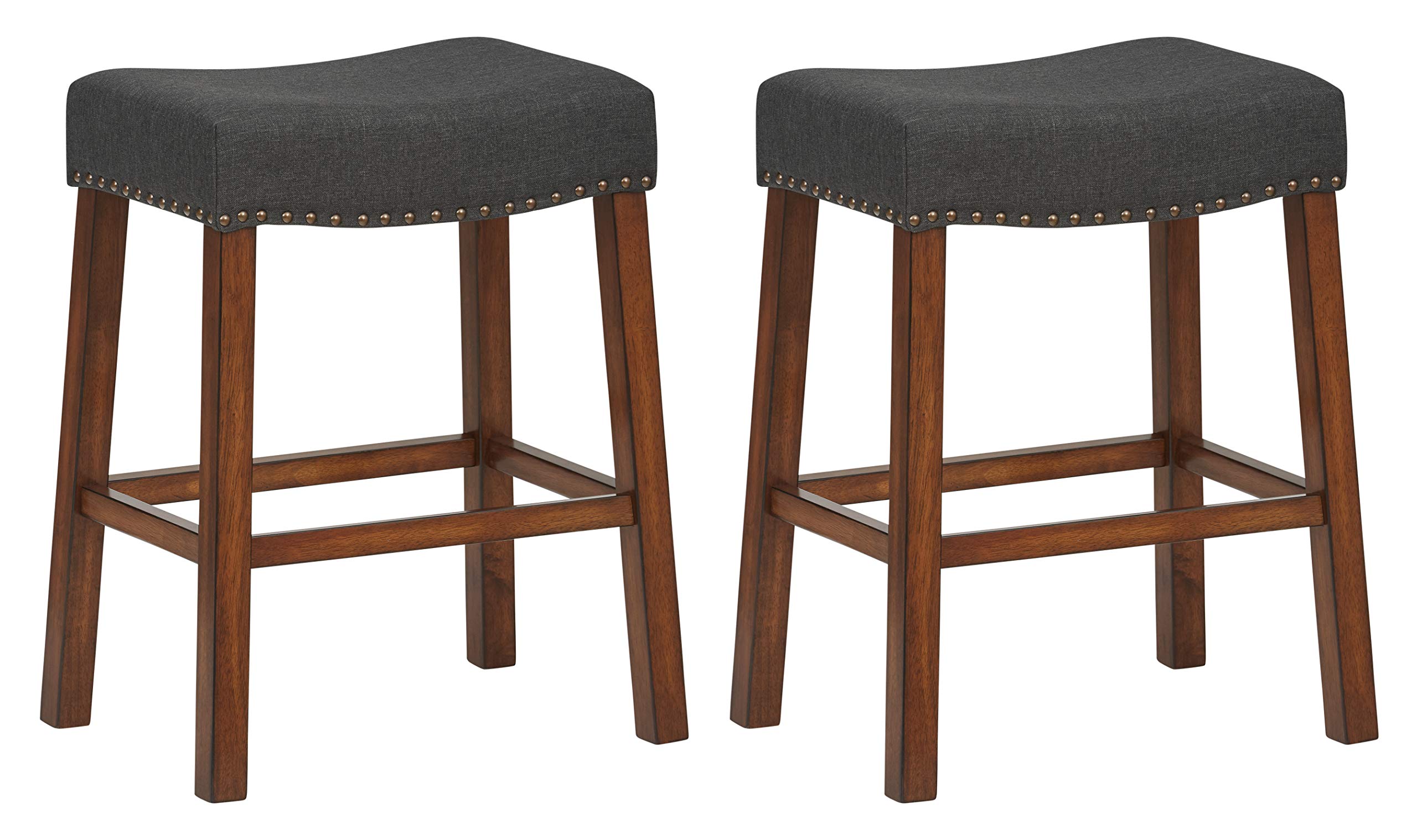 Amazon Brand – Ravenna Home Dawn Nailhead Saddle Counter Stool, 24"H, Cherry with Black Fabric (2 Pack)