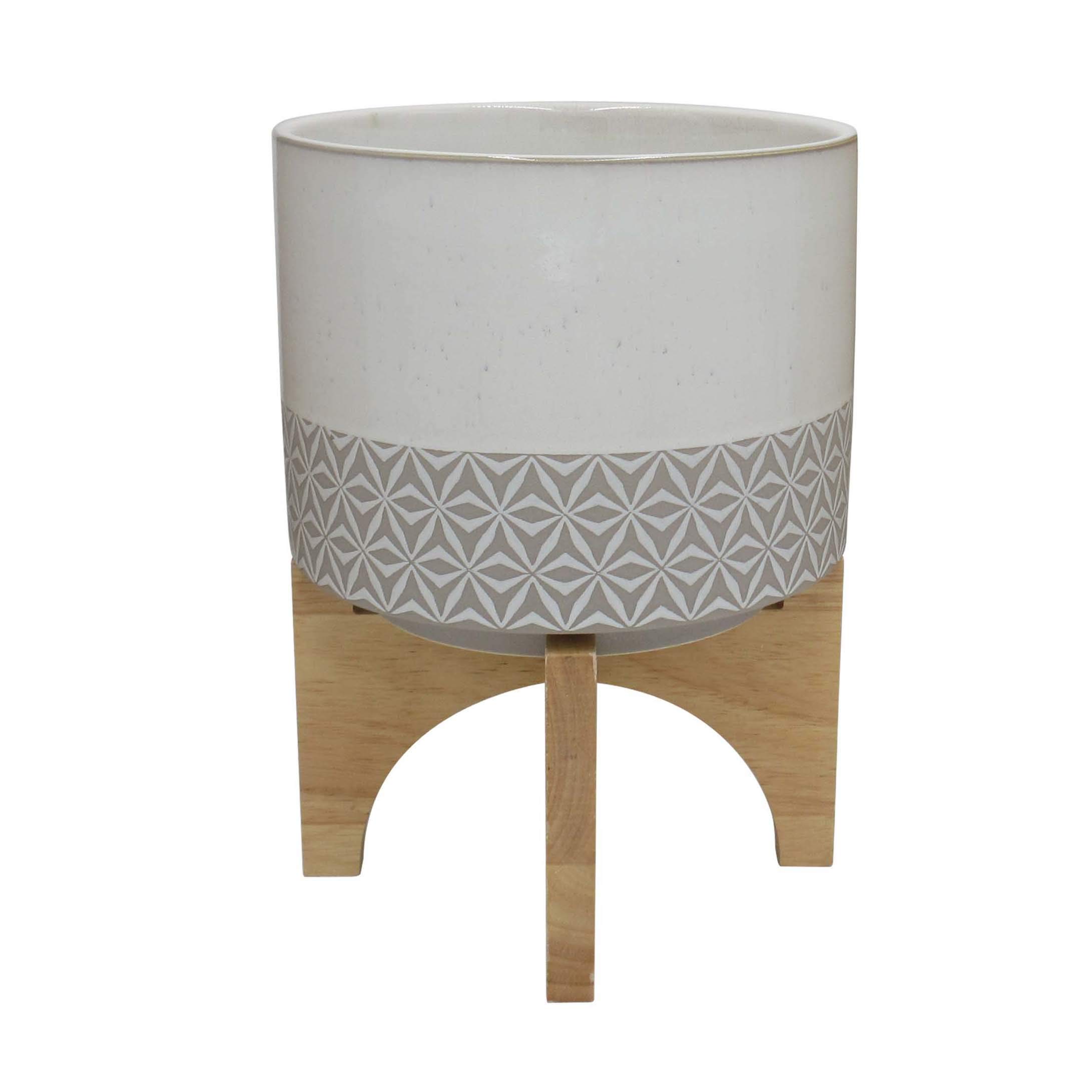 Amazon Brand – Rivet Mid-Century Stoneware Planter with Wood Stand, 10.43"H, Gray and Beige