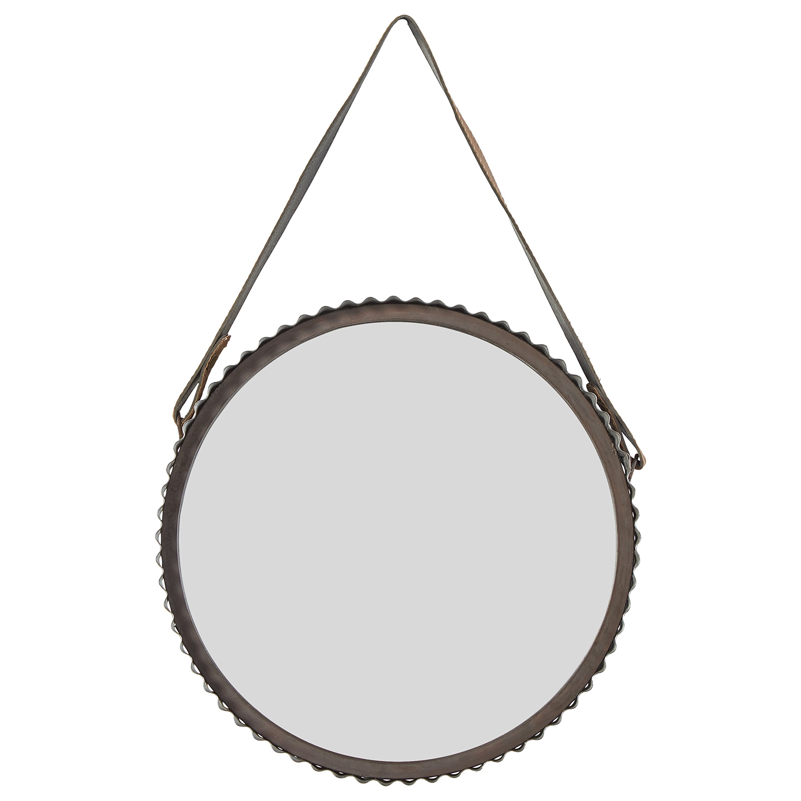 Amazon Brand – Stone & Beam Rustic Farmhouse Round Wood Iron Mirror with Faux Leather Strap - 22 Inch, Black Metal