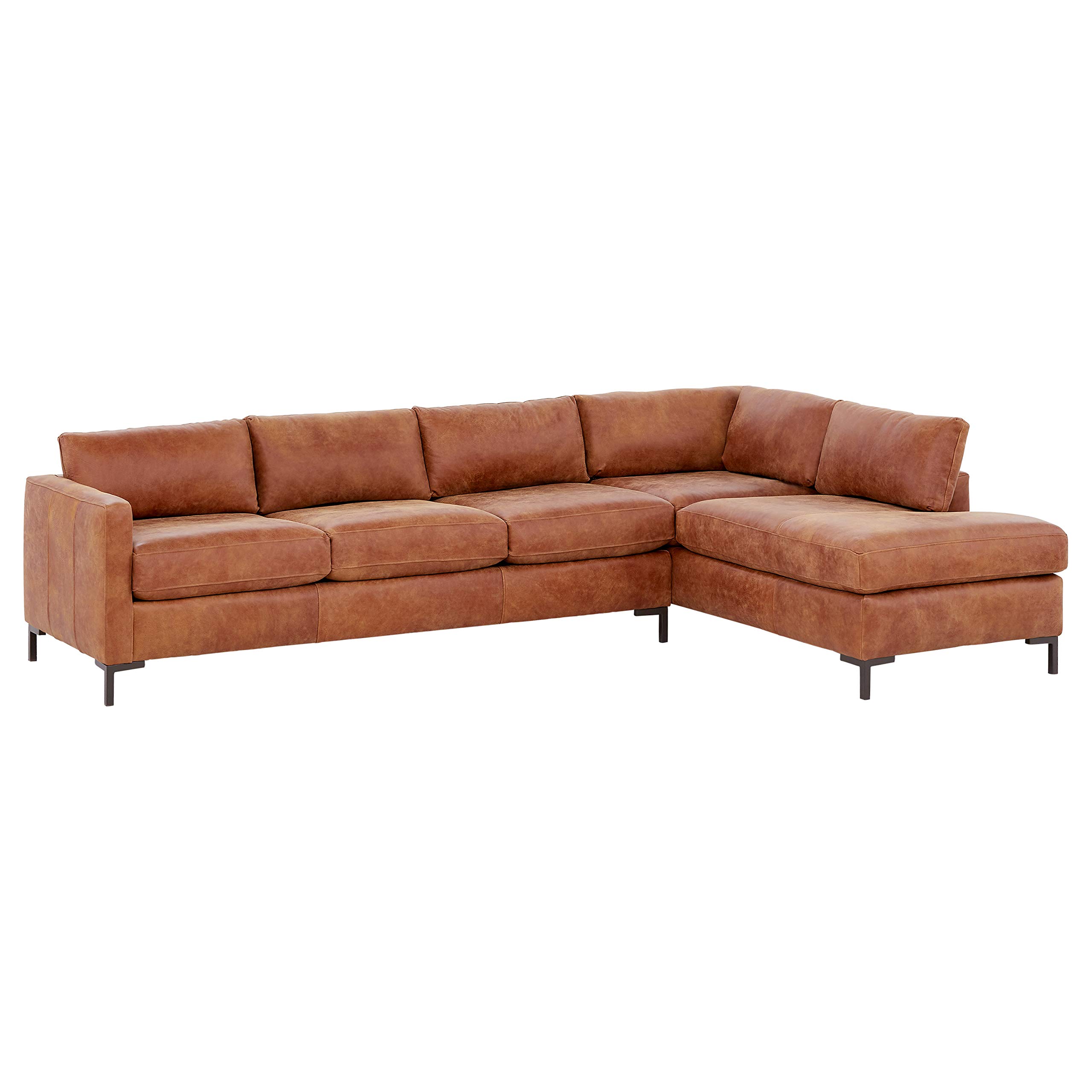 Amazon Brand – Rivet Edgewest Modern Right-Facing L-Shape Sectional, Leather, 116"W, Saddle
