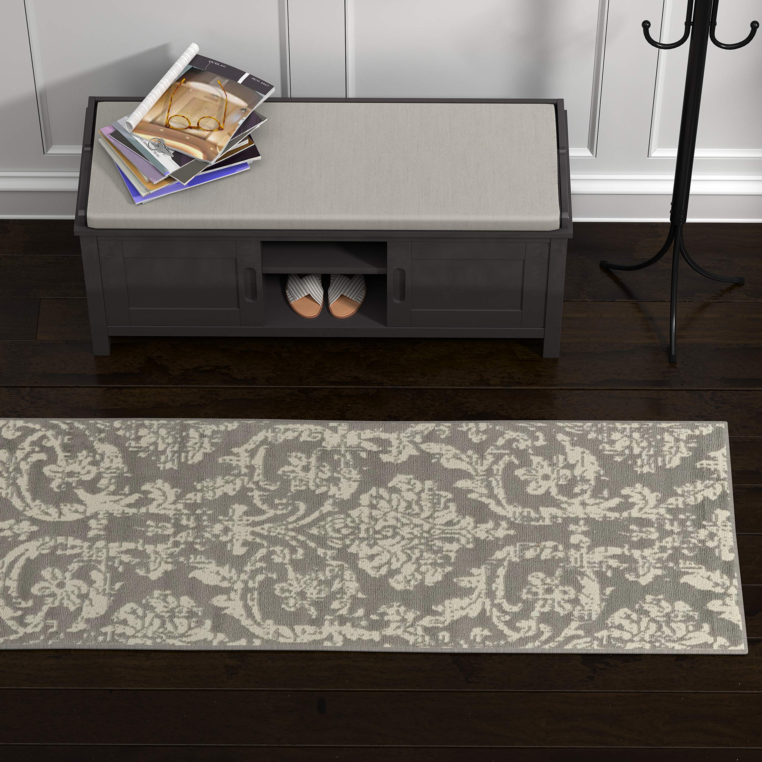 Ravenna Home Vintage Damask Patterned Rug, 2'3" x 7'3", Ivory on Warm Grey