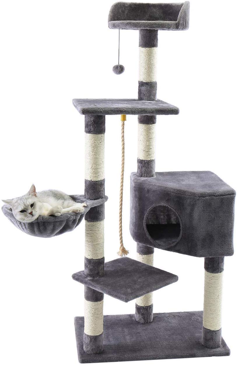 Eono by Amazon cat tree for kittens and adult cats, sisal scratching post/climbing tree with cave lying areas and toy ball, height: 139 cm, grey