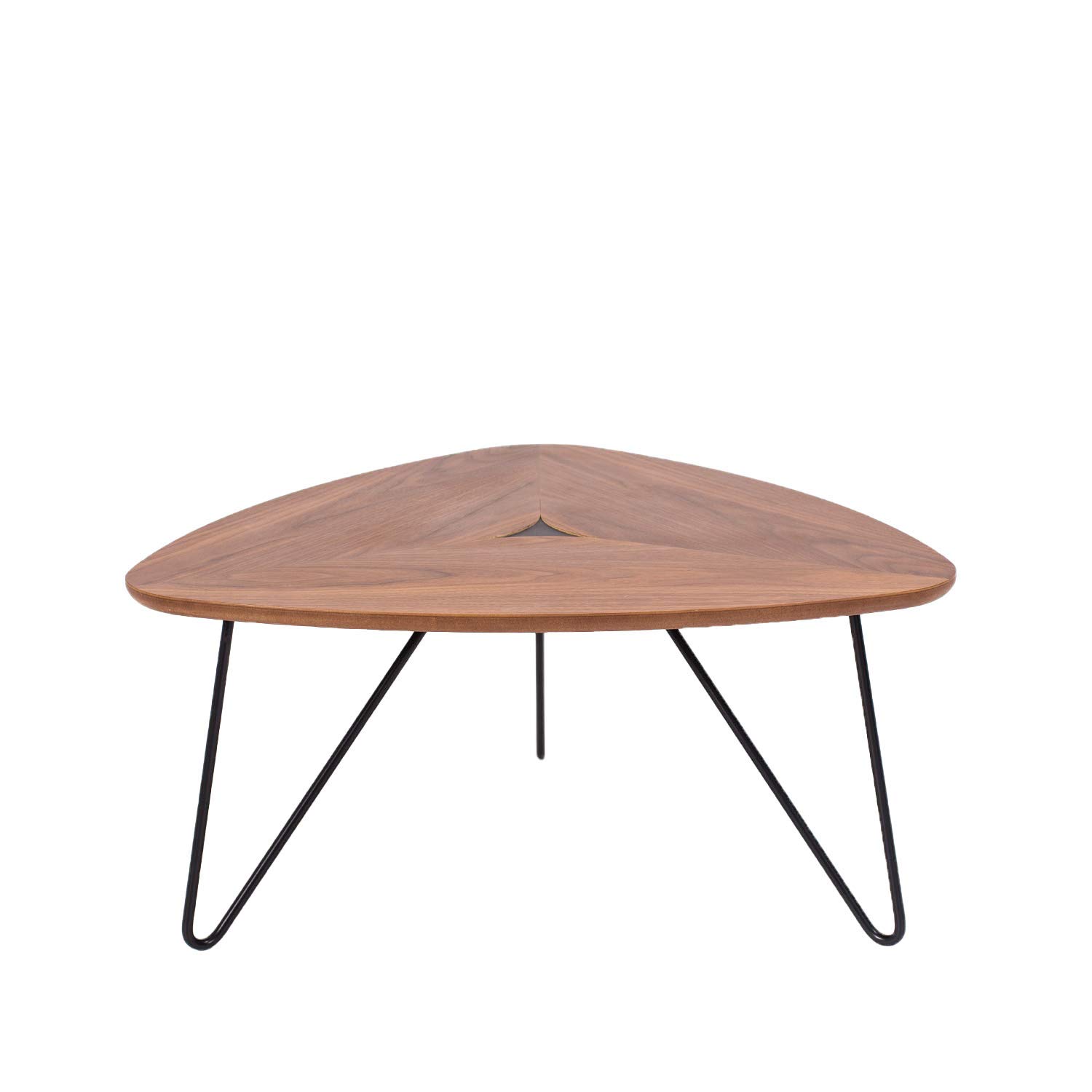 Amazon Brand - Rivet Triangular Coffee Table, 77 x 65 x 56cm, Walnut Veneer with Black Metal legs