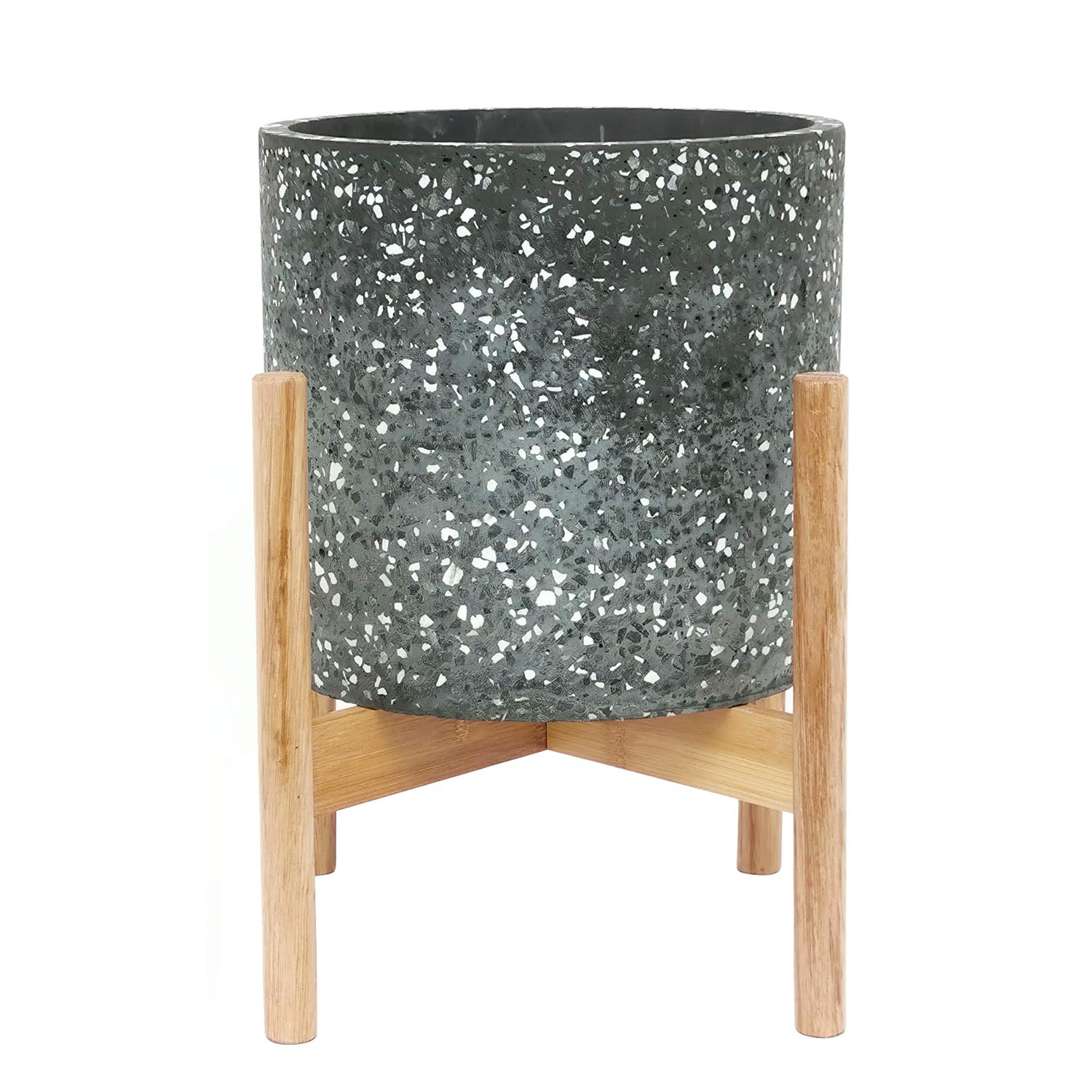 Amazon Brand – Rivet Terrazzo Planter with Wood Stand, 12.6"H, Black