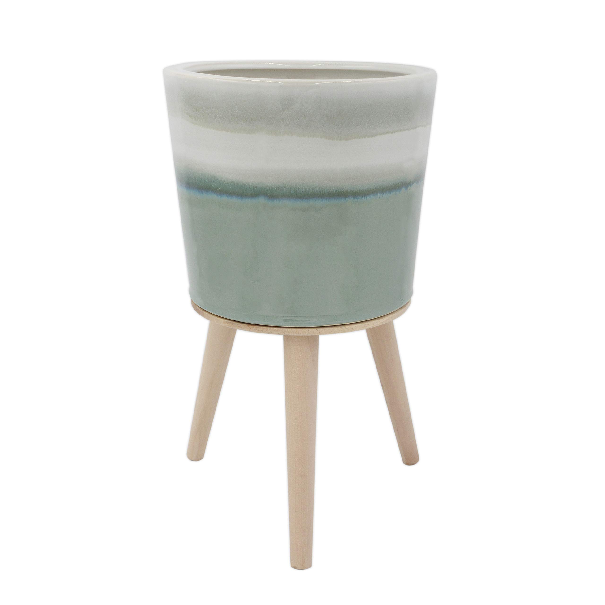 Amazon Brand – Rivet Mid-Century Stoneware Planter with Wood Stand, 15.94"H, Light Green Ombre