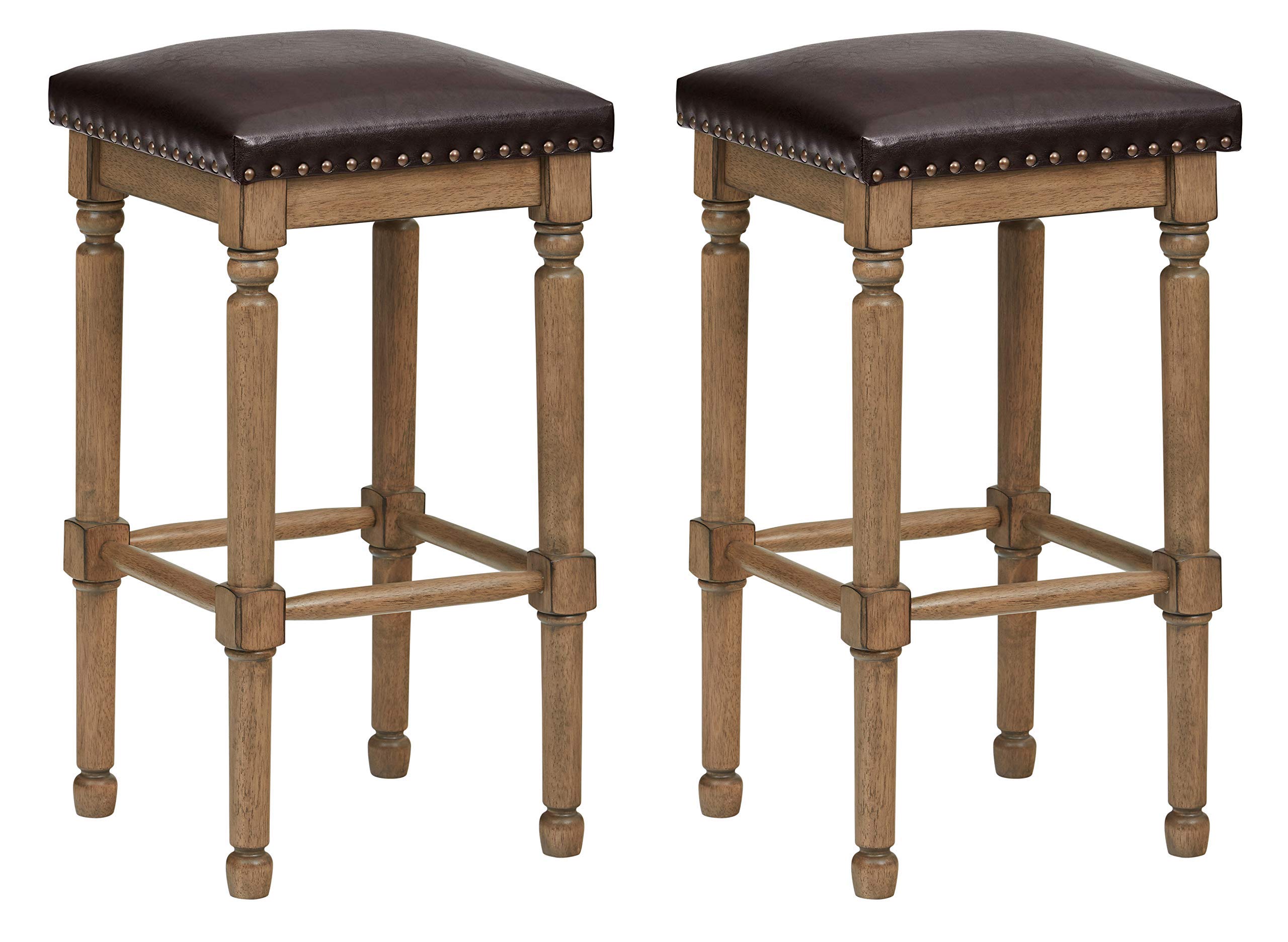 Amazon Brand – Ravenna Home Ferris Nailhead Wood Detailed Counter Stool, 26.75"H, Weathered Oak with Faux Brown Leather (2 Pack)