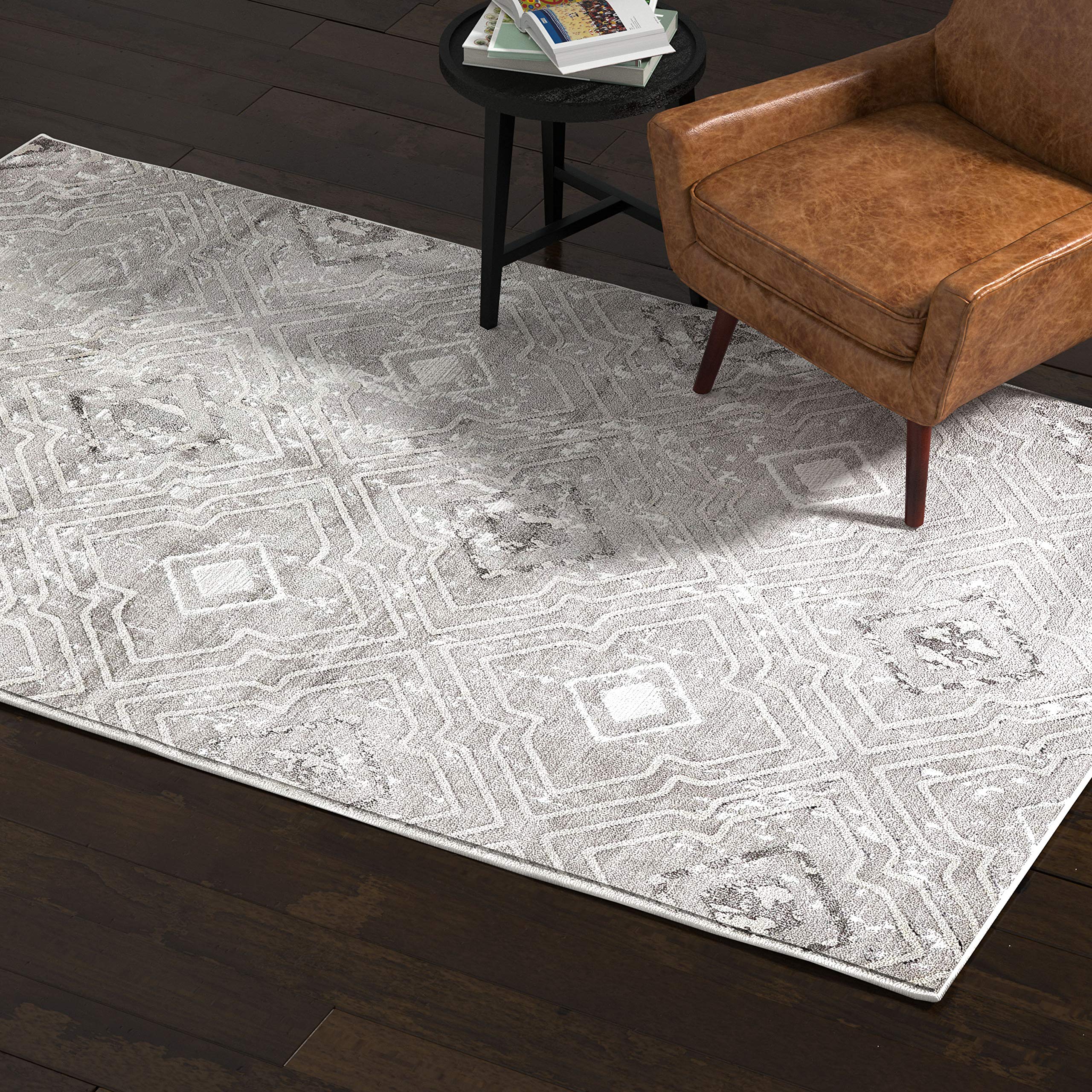 Amazon Brand – Rivet Contemporary Polyester Area Rug, 5 x 8 Foot, Silver, Grey, White