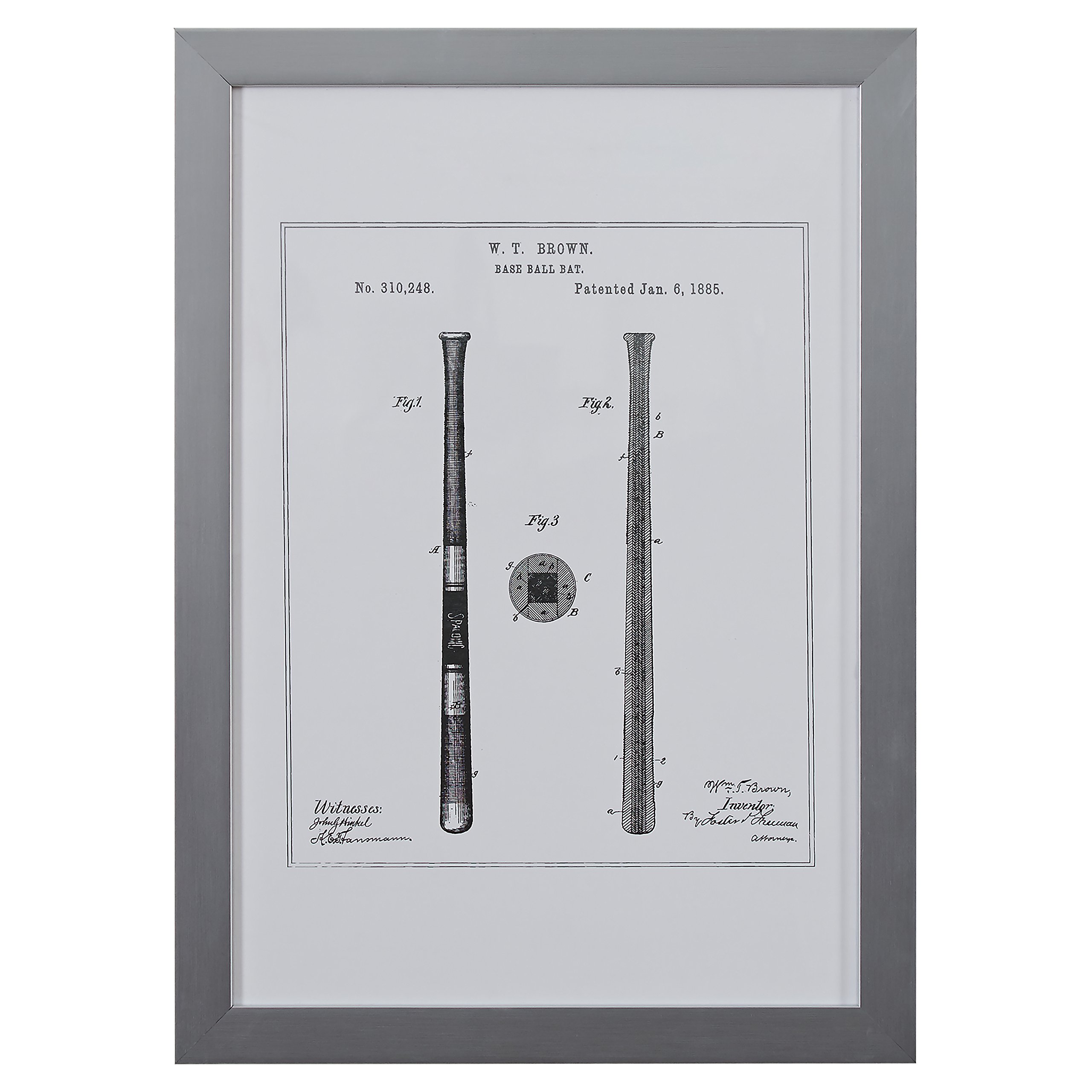 Amazon Brand – Stone & Beam Modern Gold Print Wall Art of 1885 Baseball Bat Patent, Silver Frame, 15" x 21"
