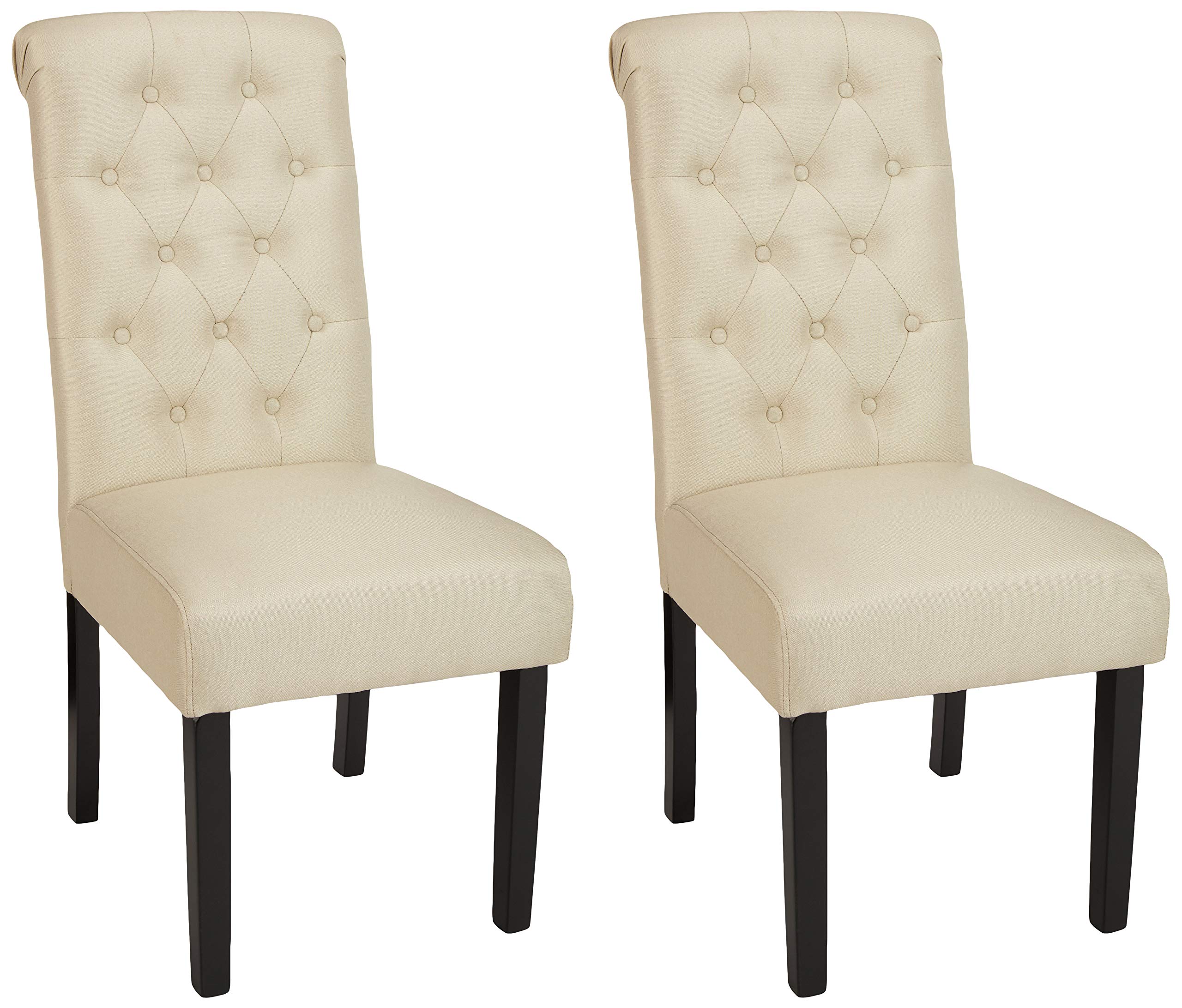 AmazonBasics Classic Fabric Tufted Dining Chair with Wooden Legs - Set of 2, Beige