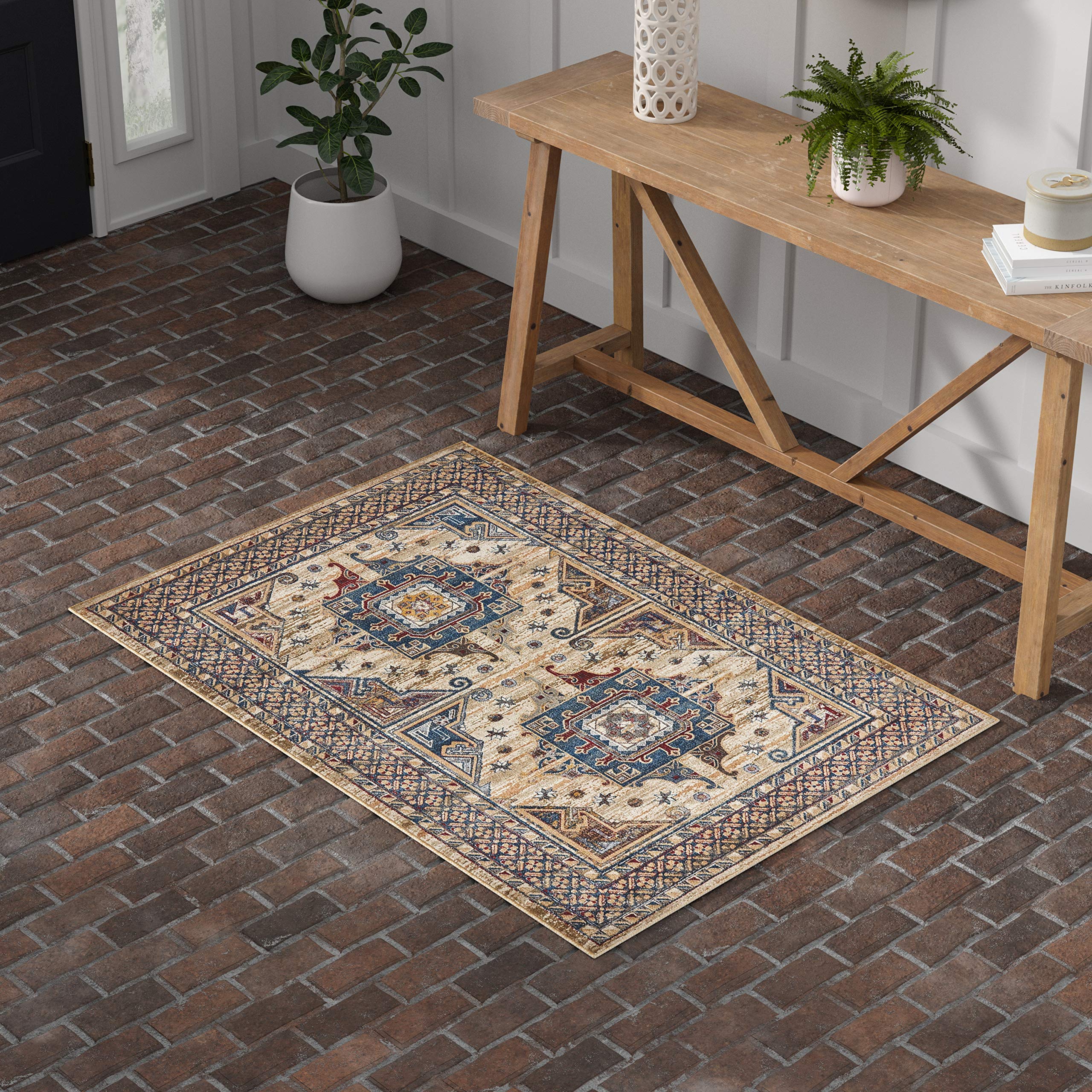Amazon Brand – Stone & Beam Herring Medallion Traditional Runner, 3'11" x 5'11", Blue and Ivory