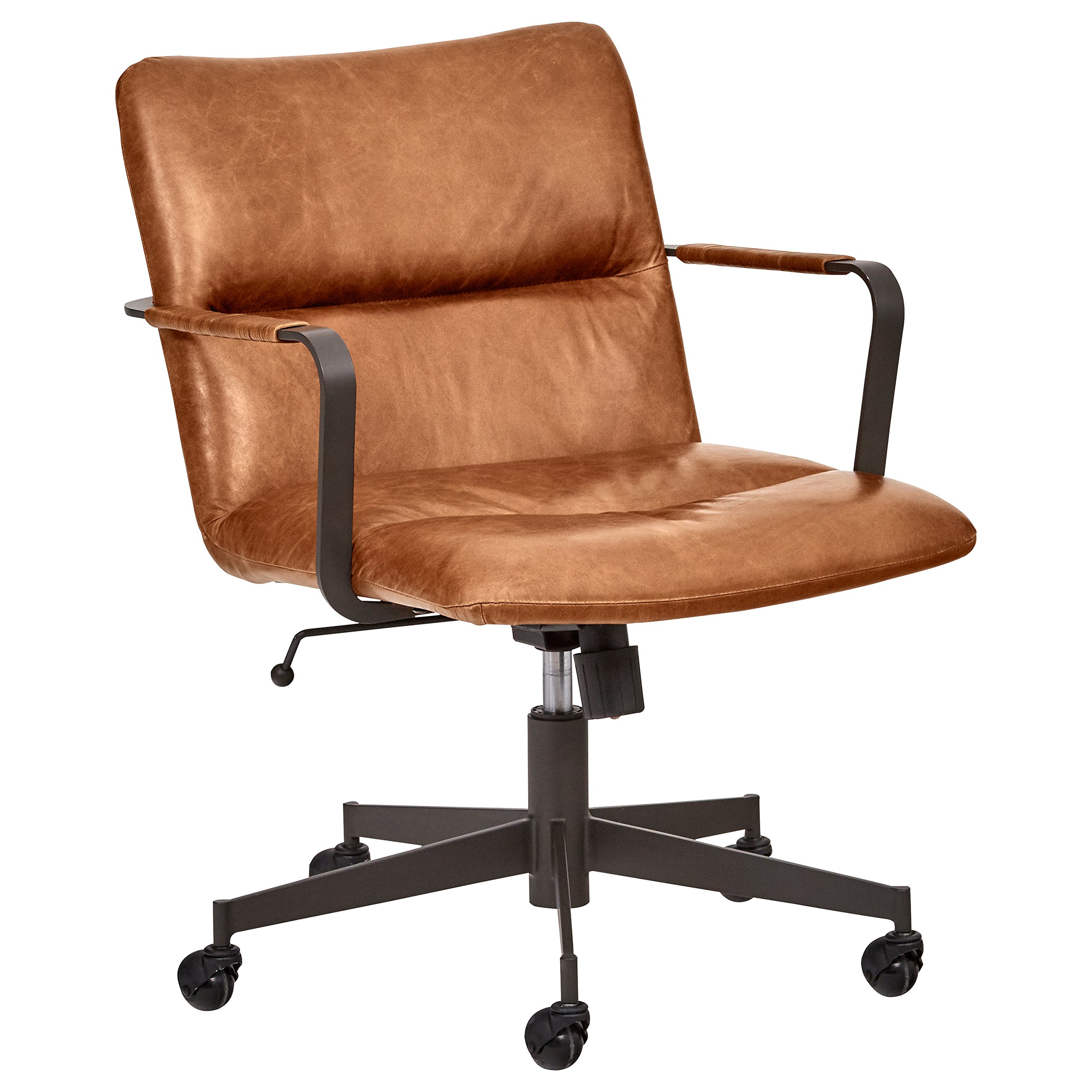 Rivet Mid-Century Leather Three-Panel Chair on Wheels, 25.75" W, Saddle