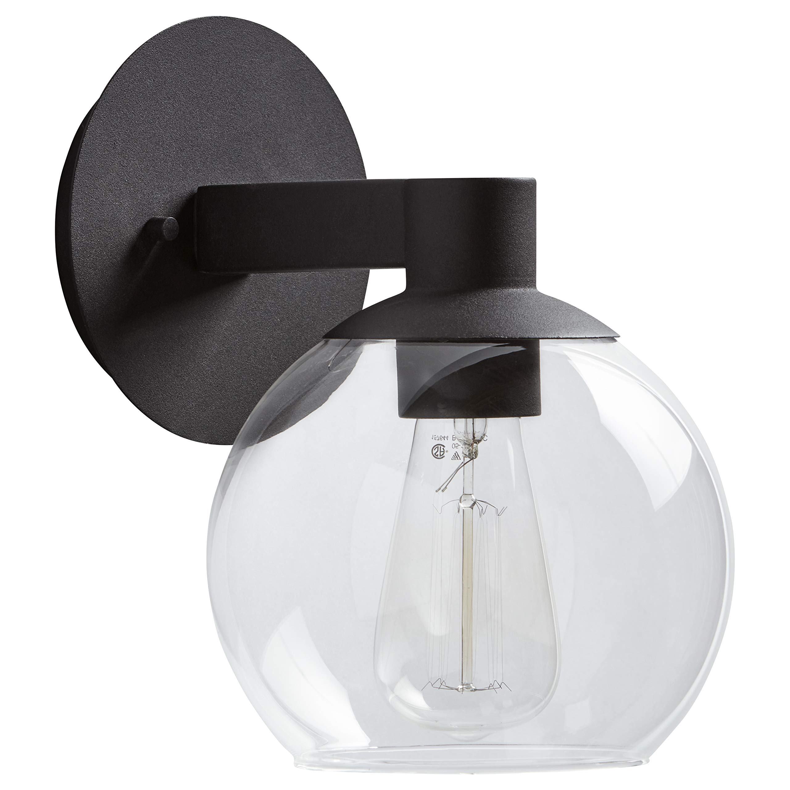 Amazon Brand – Rivet Mid-Century Modern Outdoor Porch Wall Mount Sconce Fixture with Light Bulb and Globe Shade - 11 x 11 x 10 Inches, Black