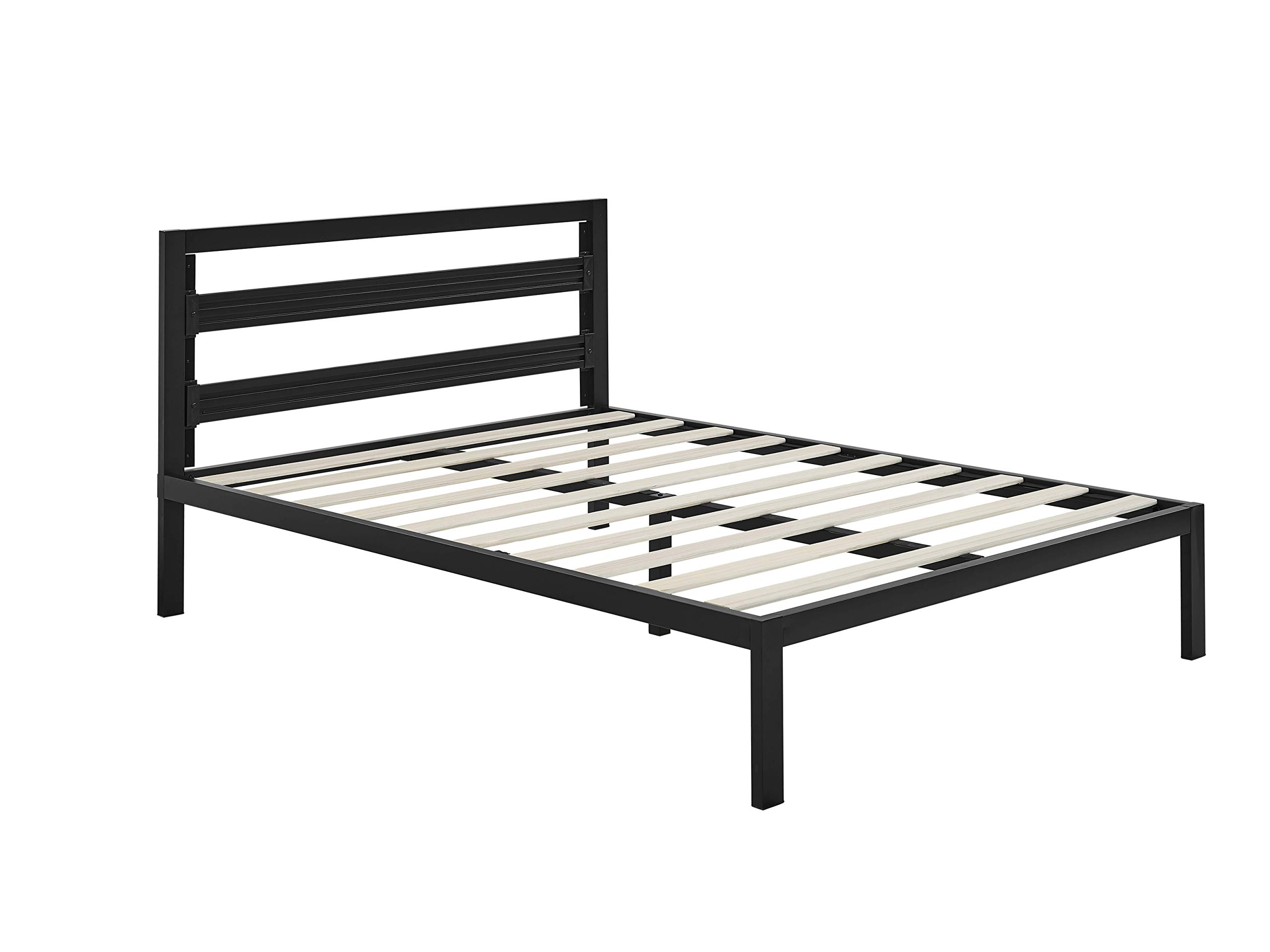 AmazonBasics Metal Bed with Modern Industrial Design Headboard - 14 Inch Height for Under-Bed Storage - Wood Slats - Easy Assemble, Queen