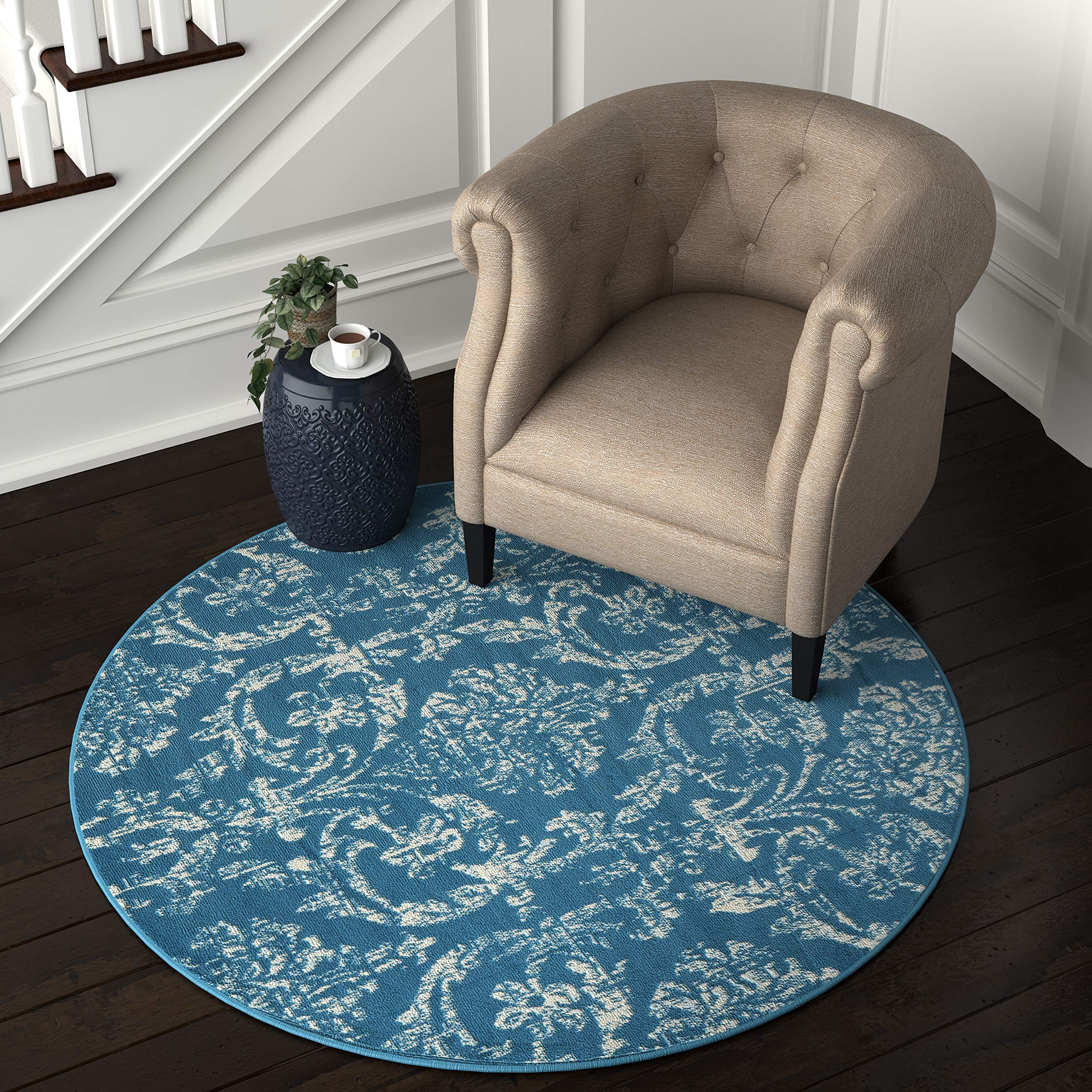Ravenna Home Round Vintage Damask Patterned Rug, 5'3" Round, Ivory on Blue