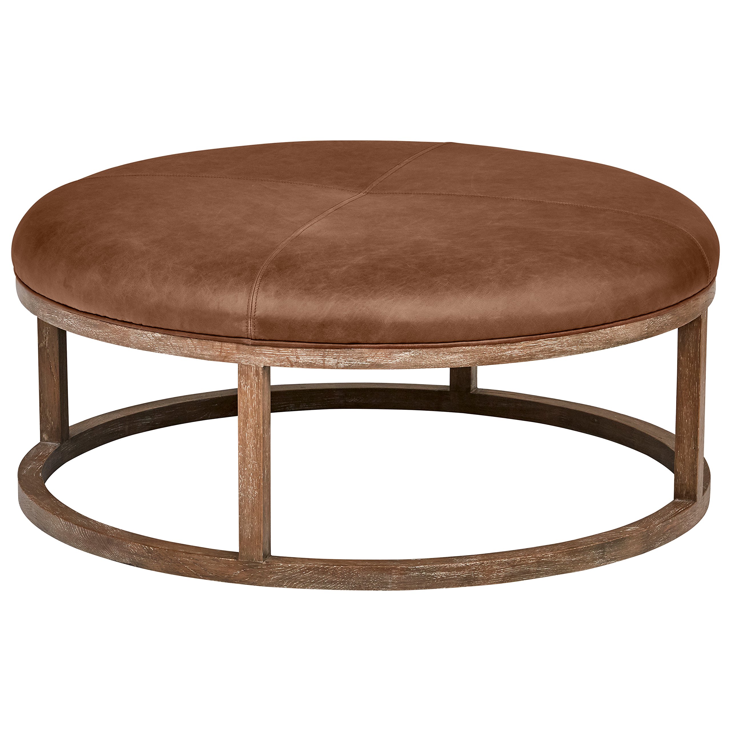 Amazon Brand – Stone & Beam Norah Leather and Wood Round Ottoman, 39.5", Saddle Brown
