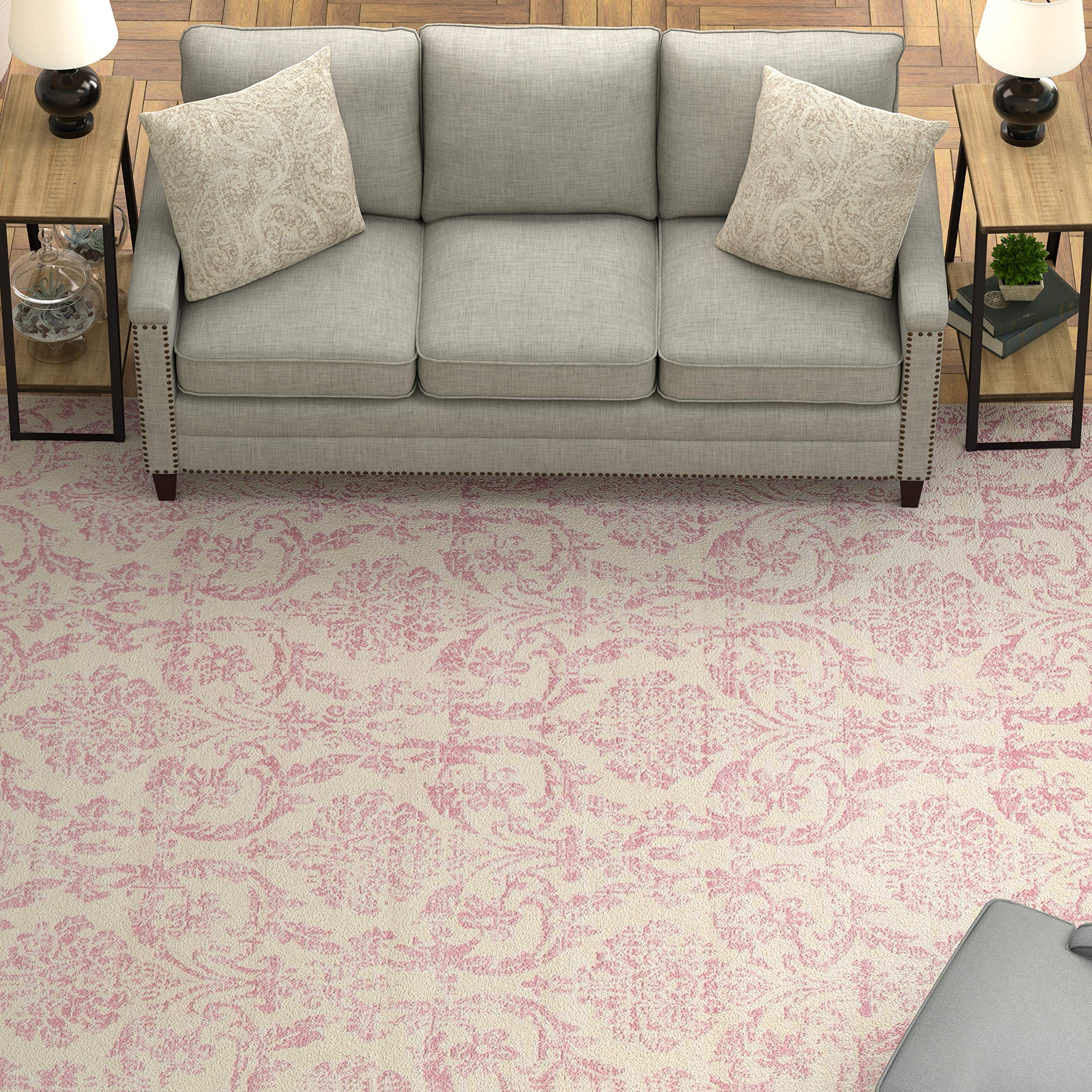 Ravenna Home Vintage Damask Patterned Rug, 7'10" x 9'10", Pink on Ivory