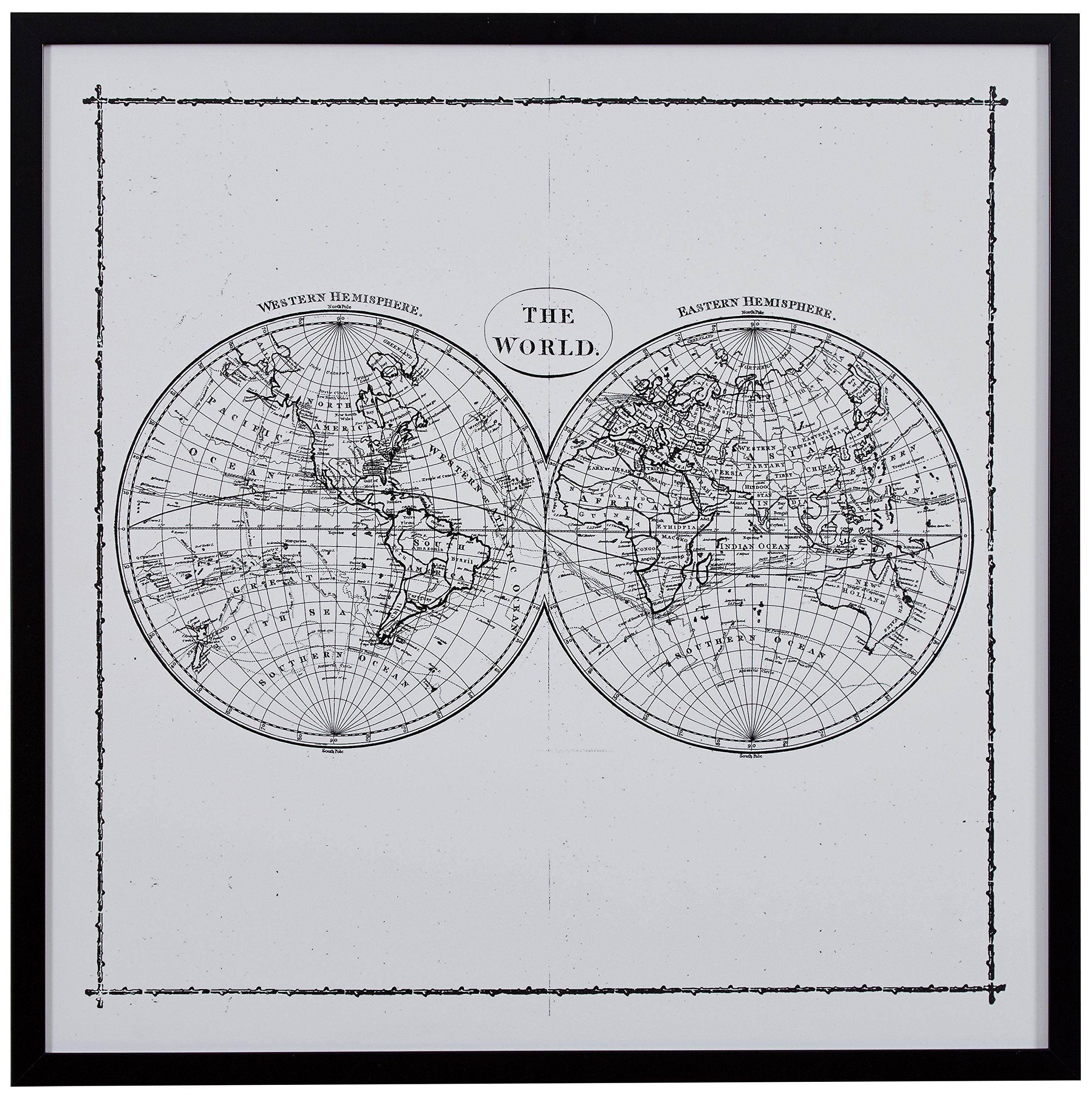 Amazon Brand – Rivet World Map Hemisphere Print in Black and White Vintage Wall Art, Black Frame, 12.5" x 12.5"