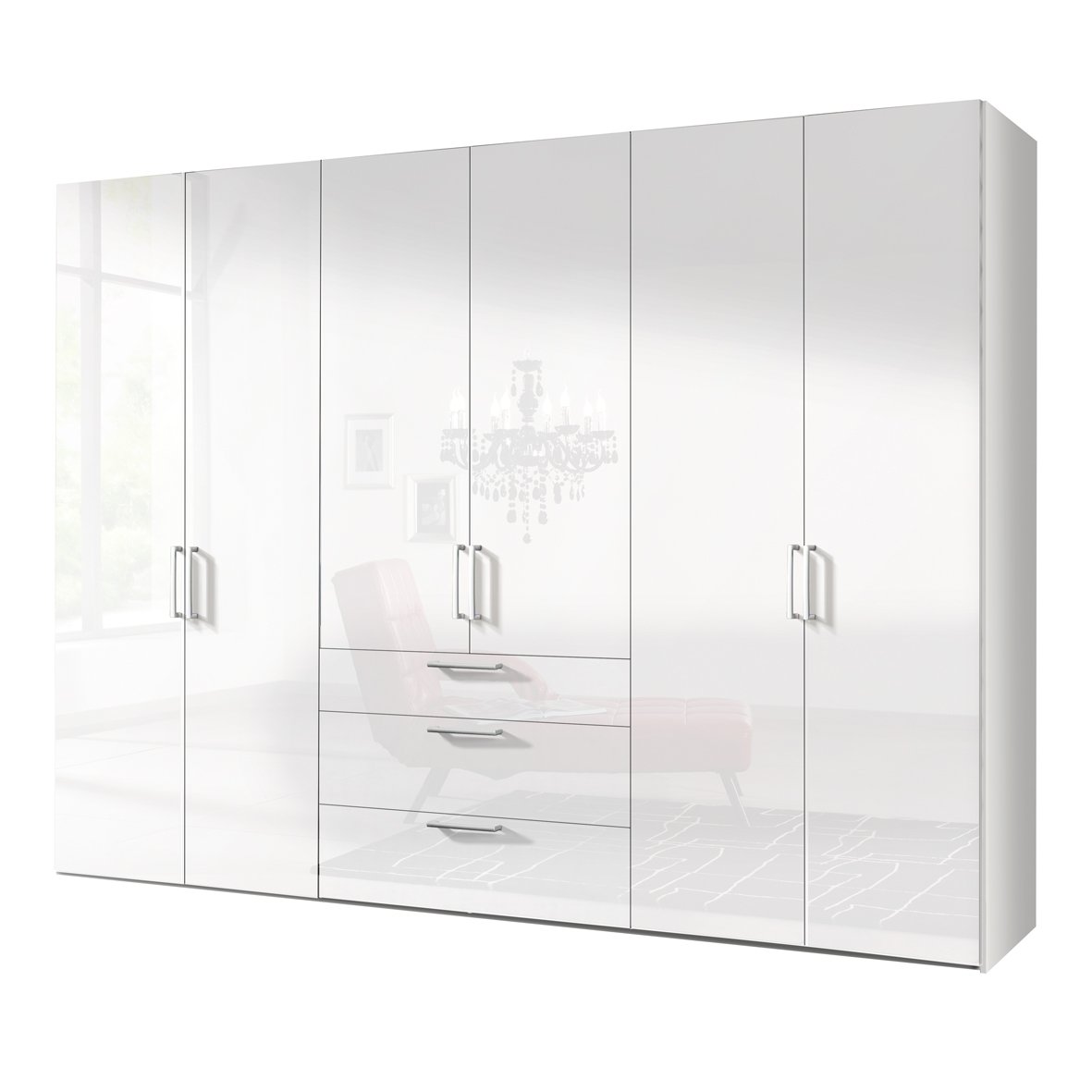 Solutions 14840 203 Revolving Door Wardrobe with 6 Doors, Arctic White/Front Varnished White with Three Schubkästen