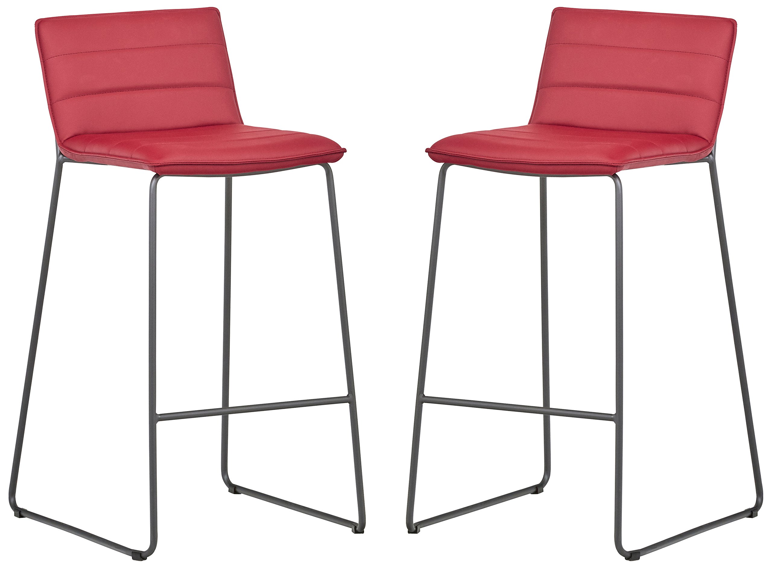 Amazon Brand – Rivet Julian Minimalist Modern Tufted Kitchen Bar Height Stools, Set of 2, 37.8 Inch Height, Synthetic Leather, Red