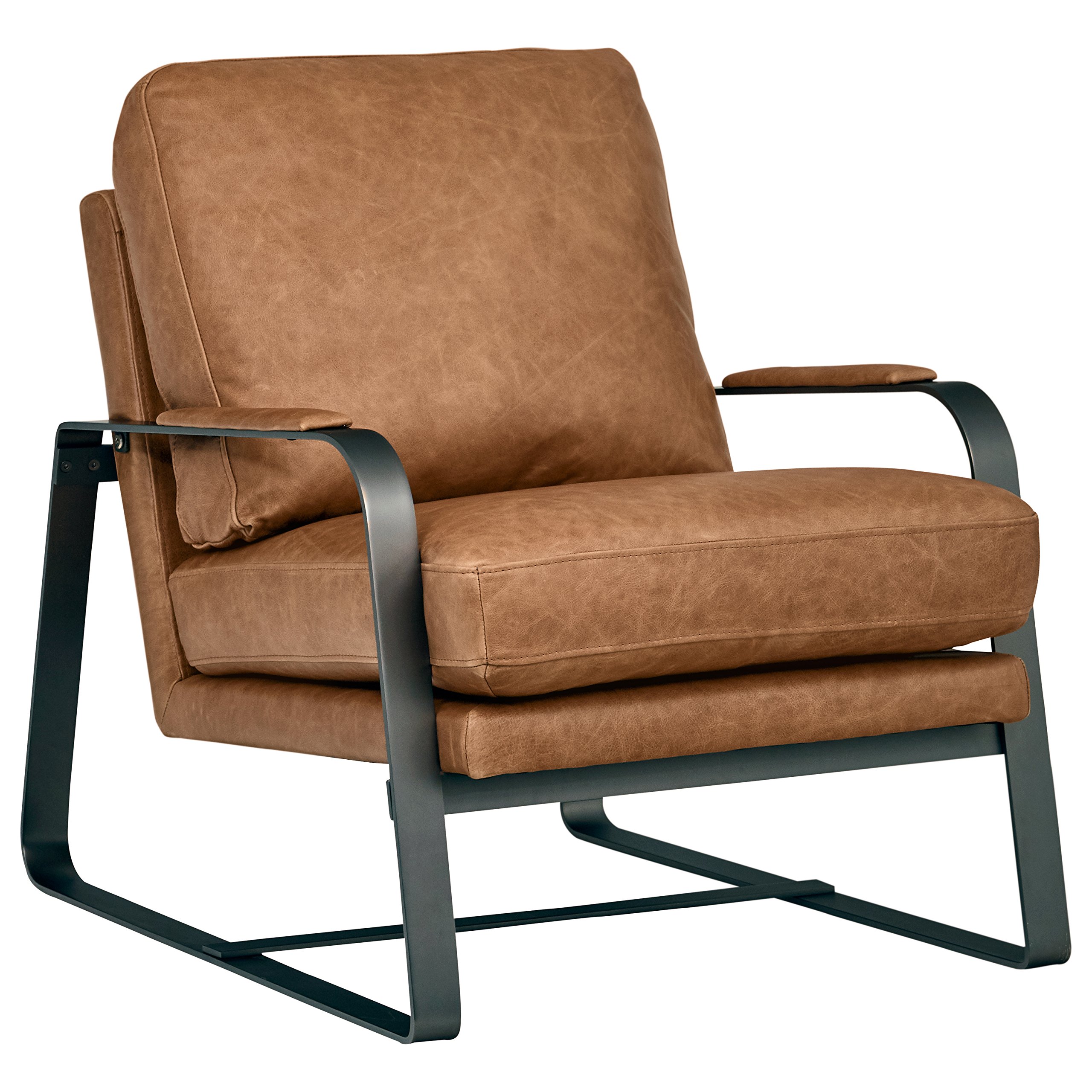 Amazon Brand – Rivet Summit Mid-Century Modern Top-Grain Leather Steel Armed Accent Chair 27"W, Cognac