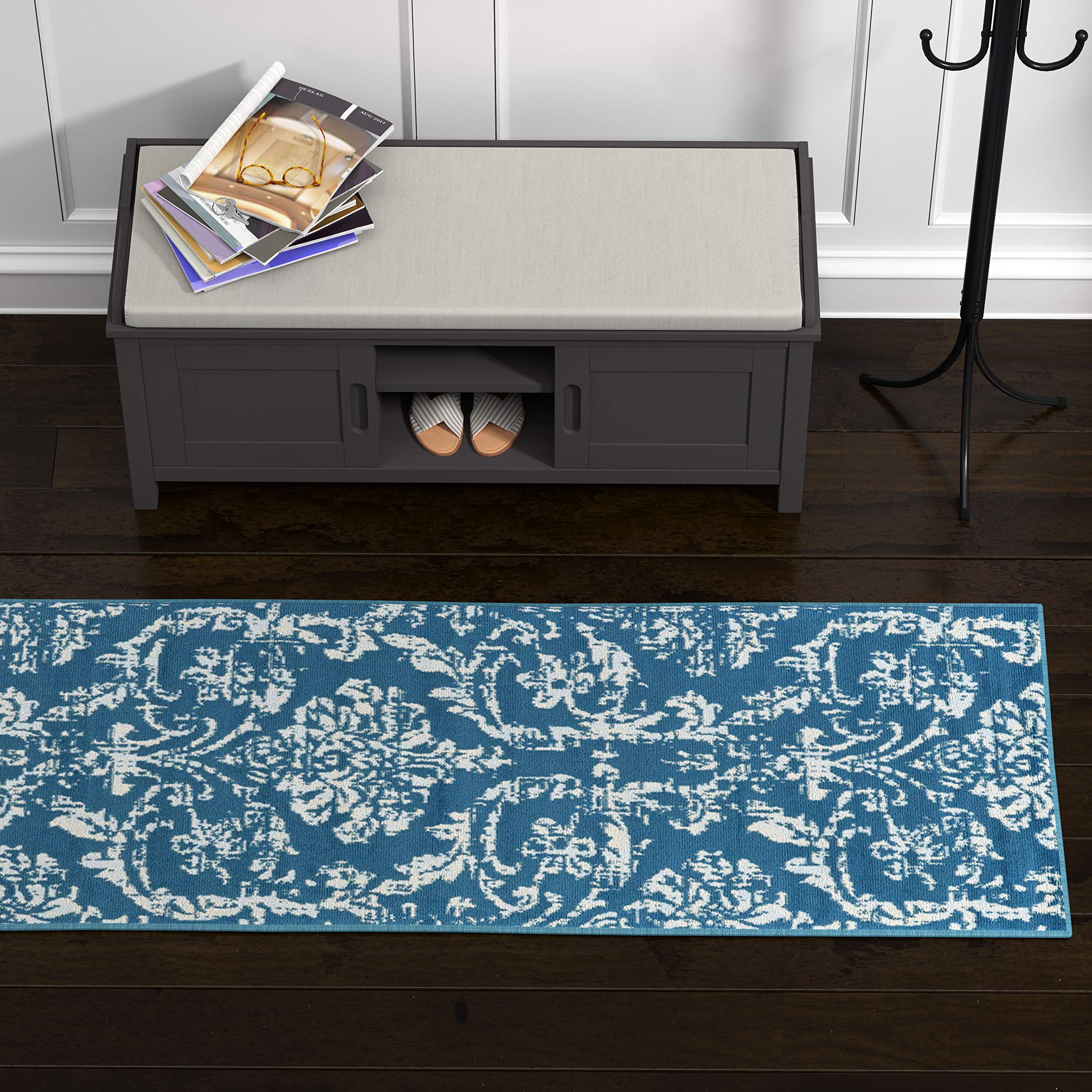 Ravenna Home Vintage Damask Patterned Rug, 2'3" x 7'3", Ivory on Blue