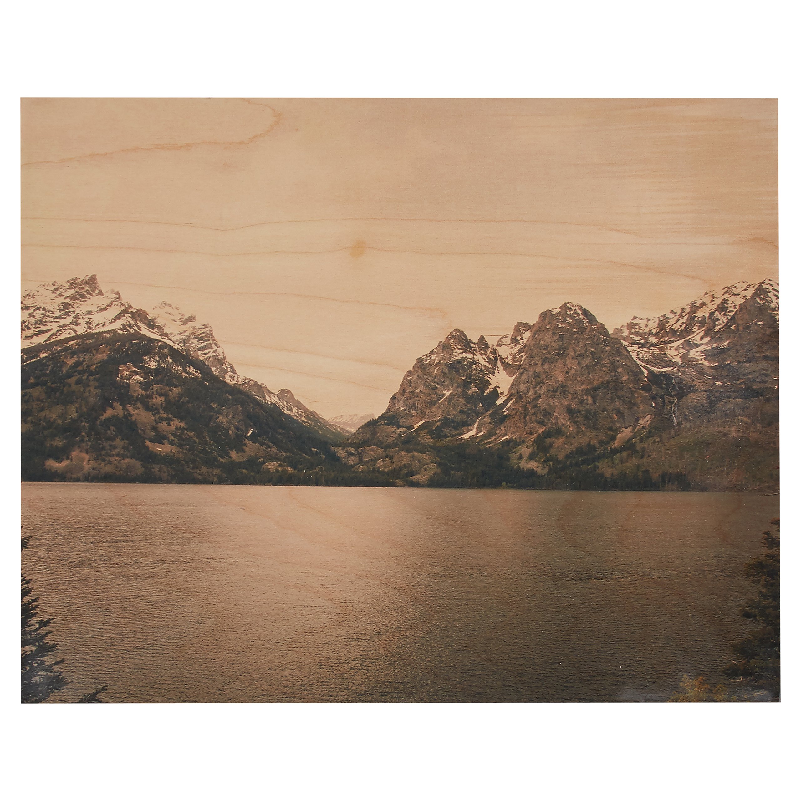 Amazon Brand – Rivet Lakeside Snow-Capped Mountains Printed on Wood Wall Art, 16" x 20"