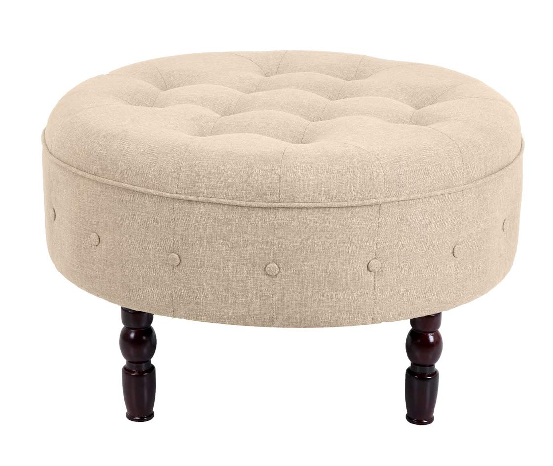 Ravenna Home Larry Contemporary Tufted Round Ottoman, 33.46"W, Beige